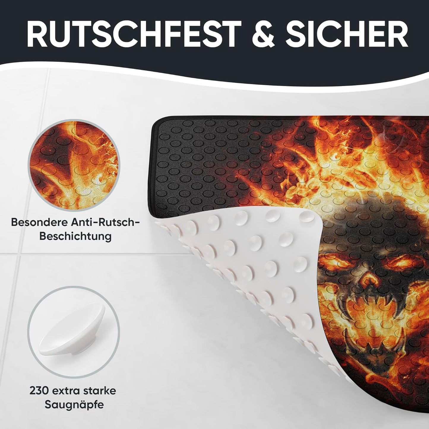 Antirutsch-Badematte, maschinenwaschbar, Totenkopf in Flammen-Motiv, Totenkopf in Flammen