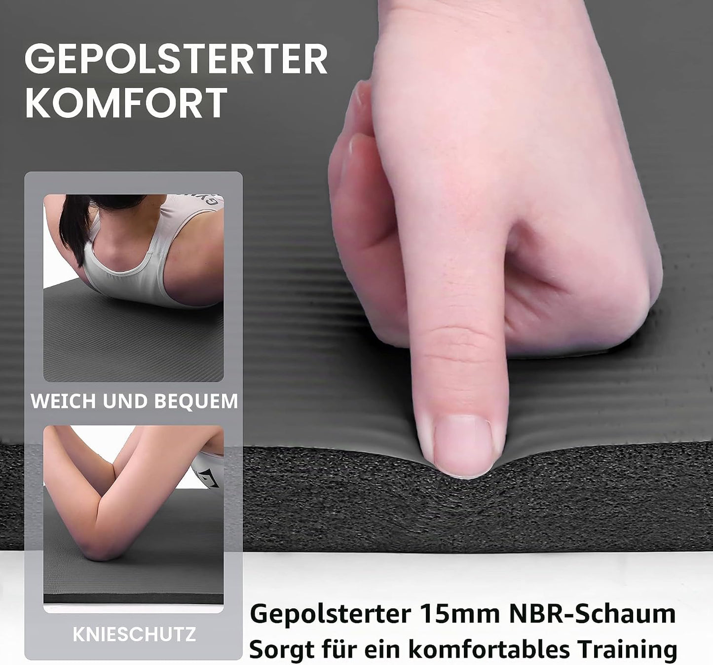 Gymnastik und Yogamatte rutschfest, Schwarz-183x66x1,5cm