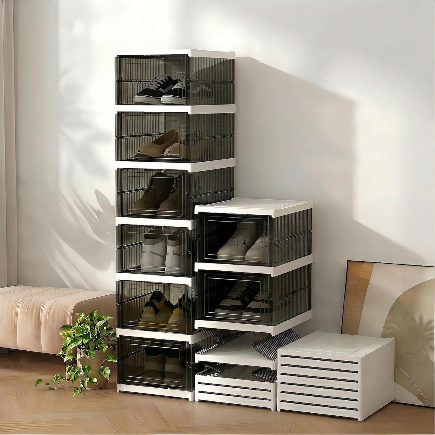 Schuhboxen Stapelbar, Transparent, Faltbar (18 Stück), Schwarz 18 Ebenen