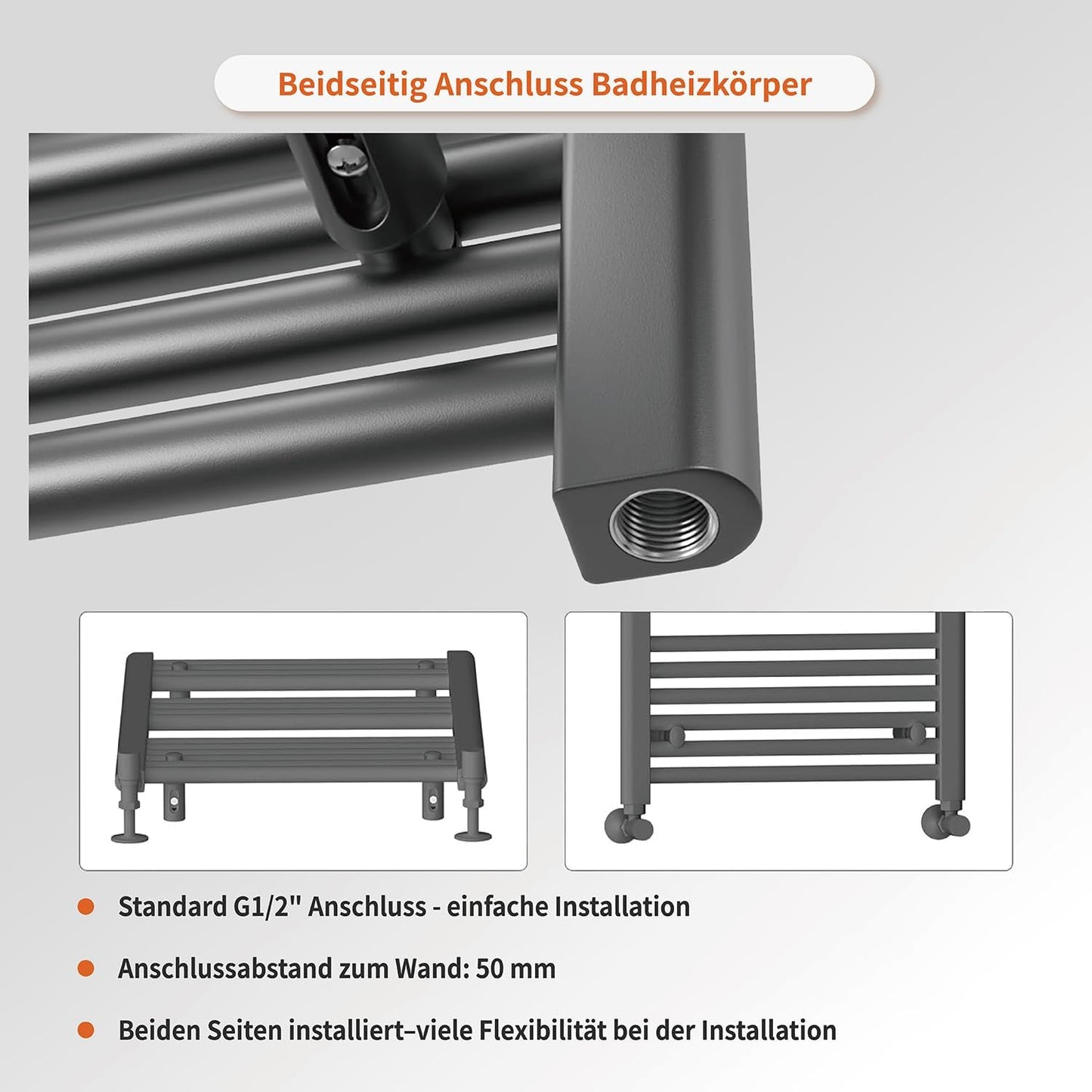 R01 Badheizkörper mit Seitenanschluss, Grau 1200x500mm
