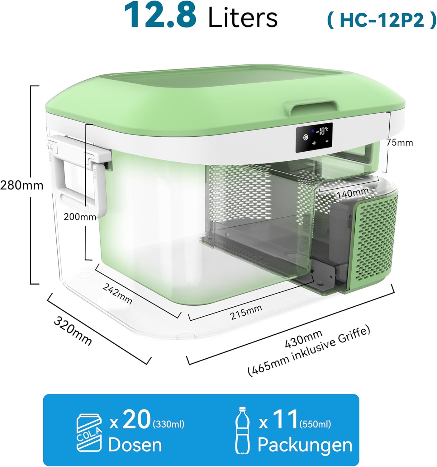 Tragbare Kühlbox für Auto & Camping, 12,8 Liter Grün