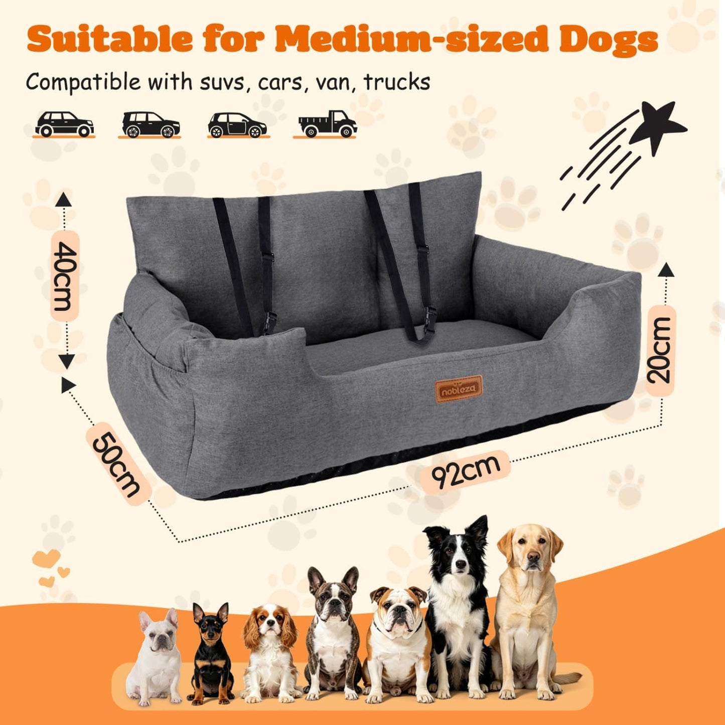 Hundeautositz mit Sicherheitsgurten und Staufächern