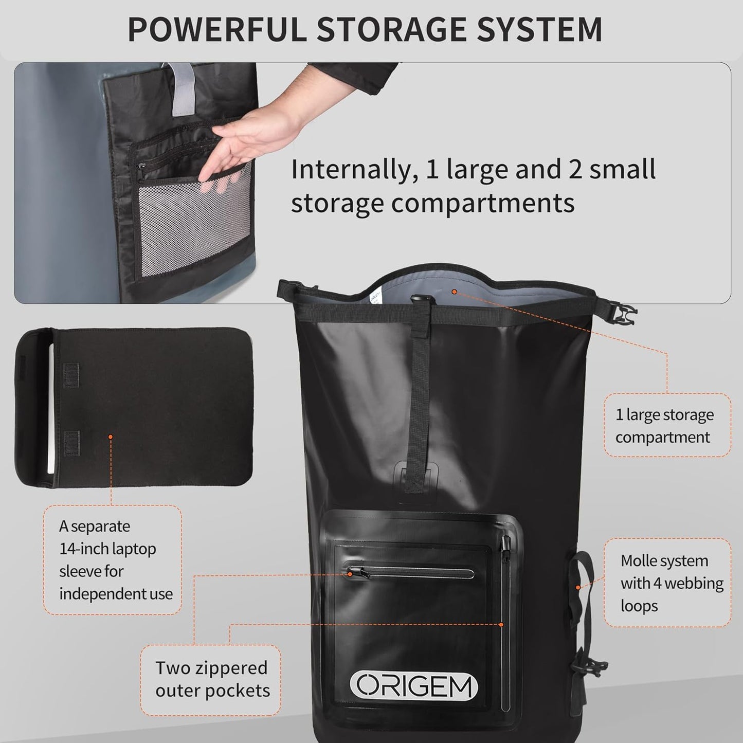 Wasserdichter Rolltop-Rucksack, 55 Liter, Schwarz 55L