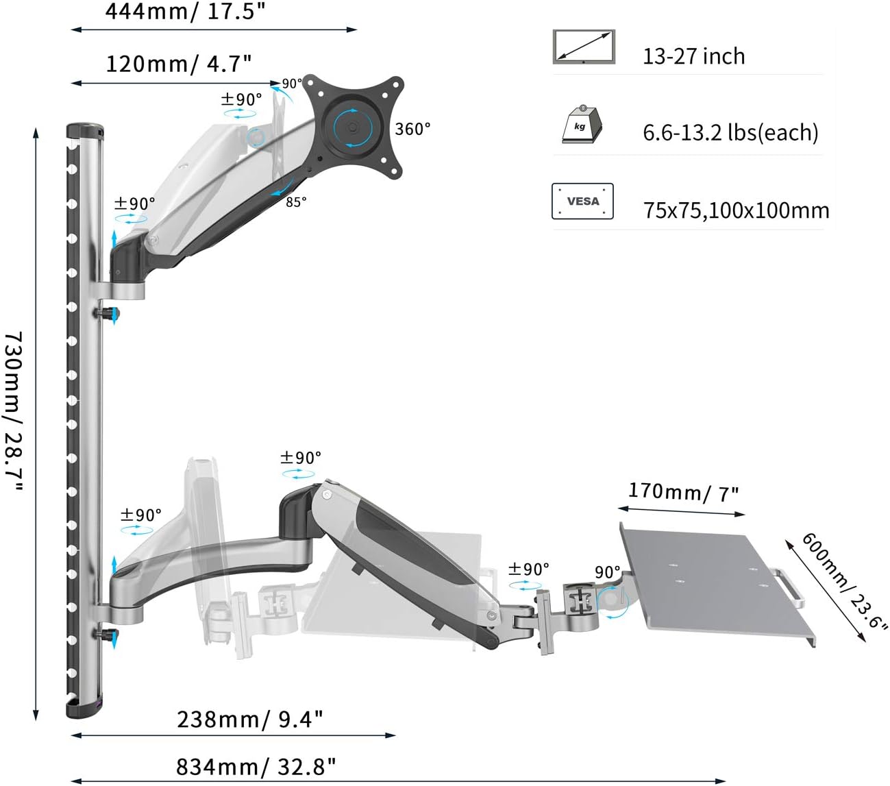 Flexible Monitorhalterung mit Tastaturablage, Halterung mit Tastaturablage Bis 27" | Max.: 6 kg | VESA: 75x75 bis 100x100 mm Silber