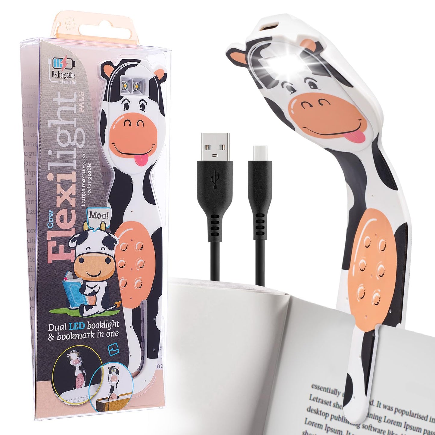 Flexilight 2-in-1 Clip On Leselampe & Lesezeichen, wiederaufladbar, Kuh