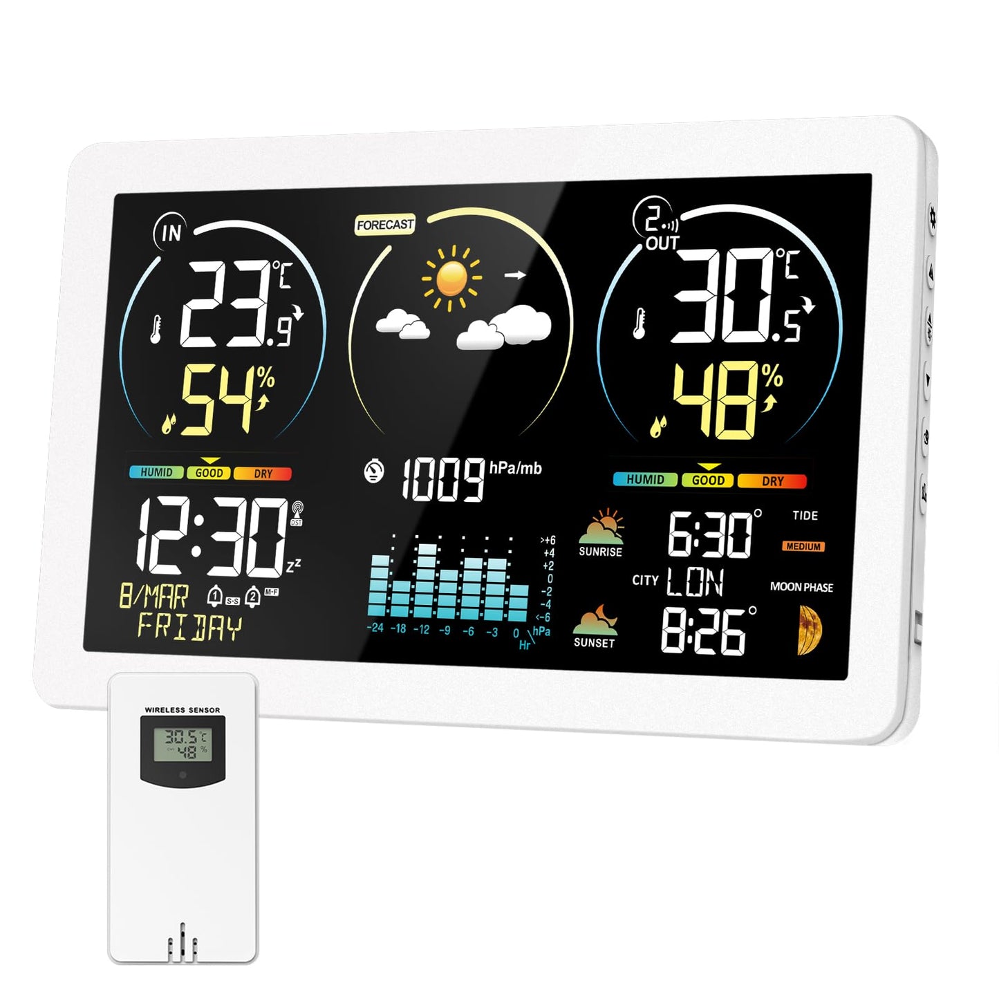 Funk-Wetterstation mit Aussensensor und Farbdisplay, Elfenbein