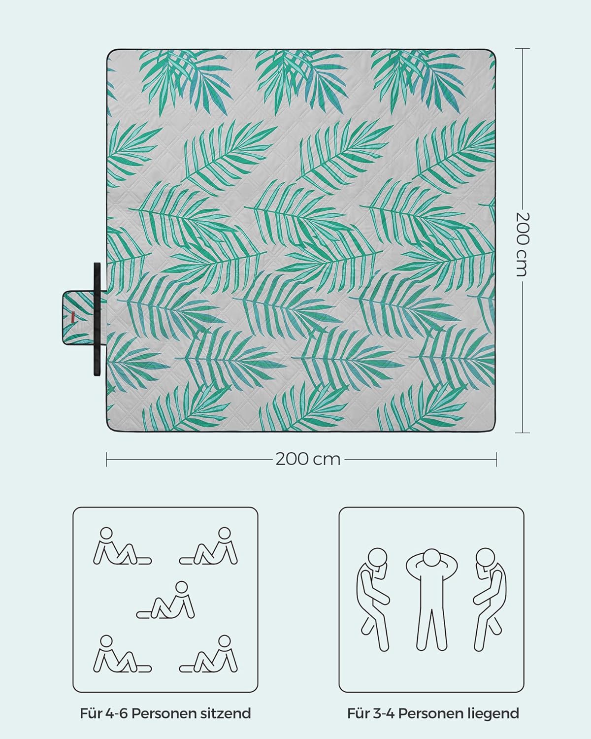 Picknickdecke wasserabweisend, 200L x 200l cm Farnmuster + Grau