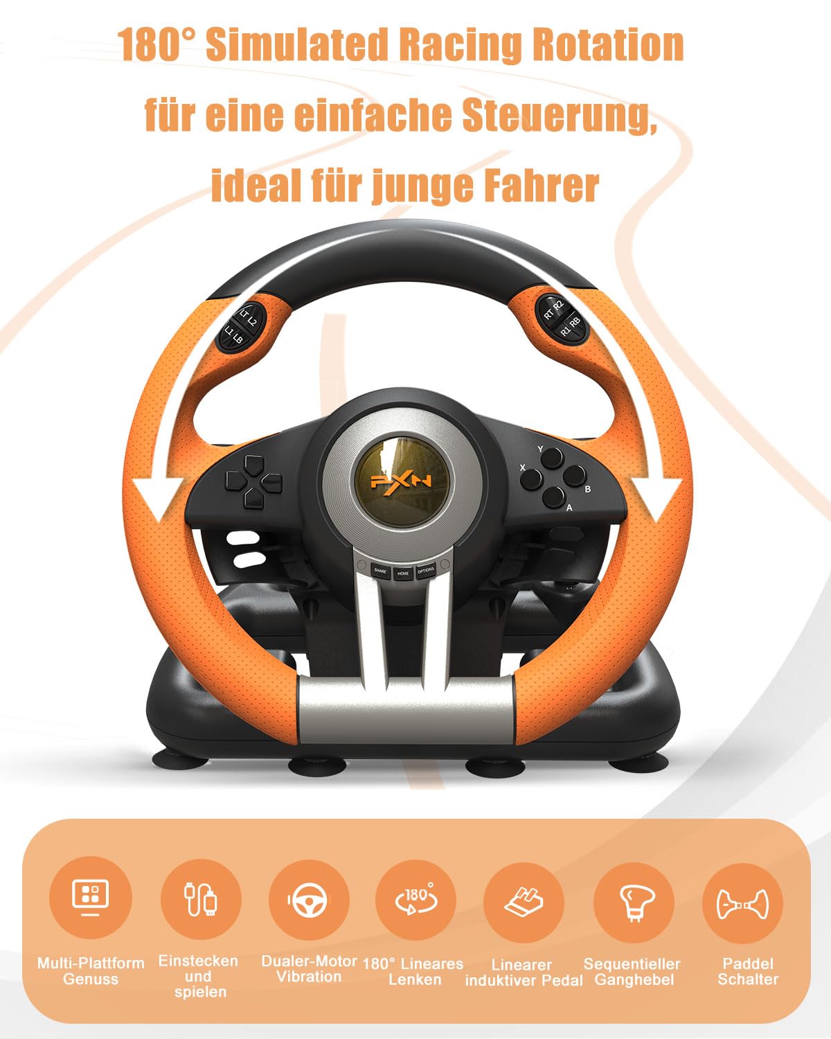 Gaming-Lenkrad mit Pedalen und Vibration, Orange