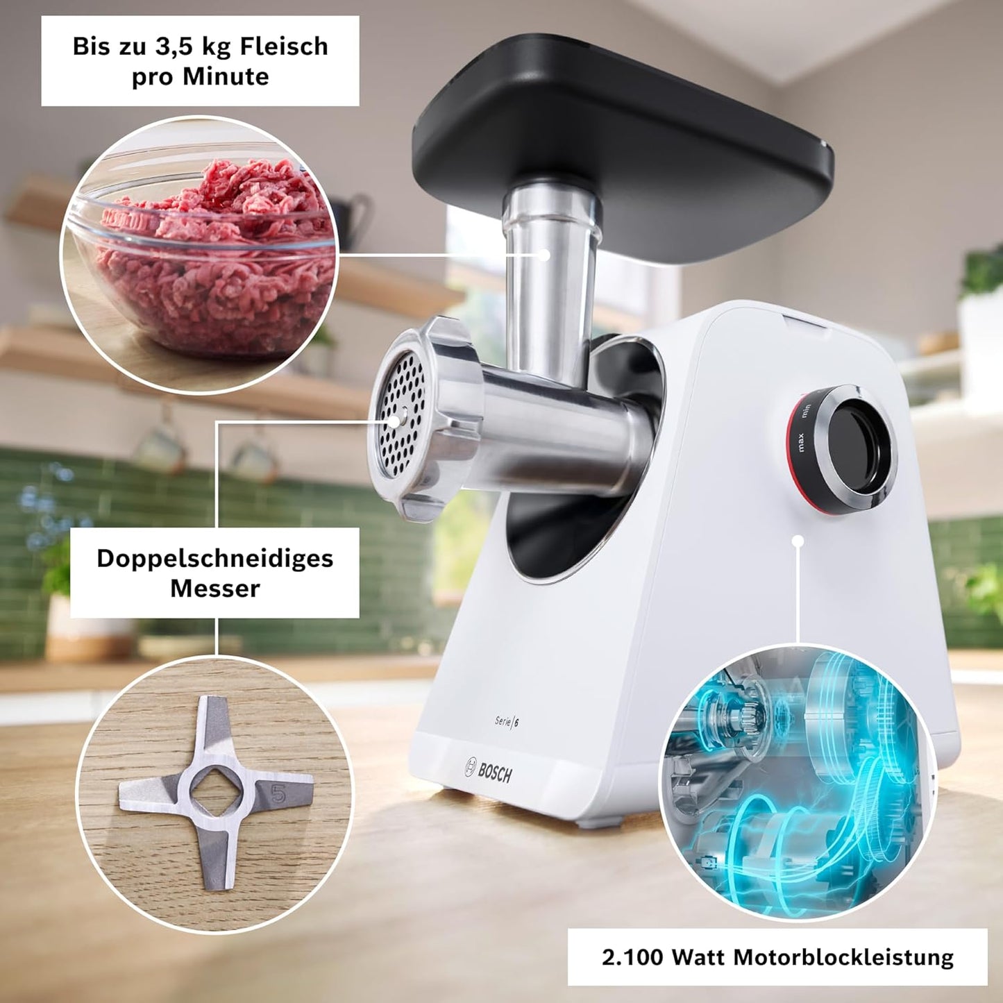MultiPower Serie 6 Fleischwolf mit Kebbe- und Wurst-Aufsatz, Weiß