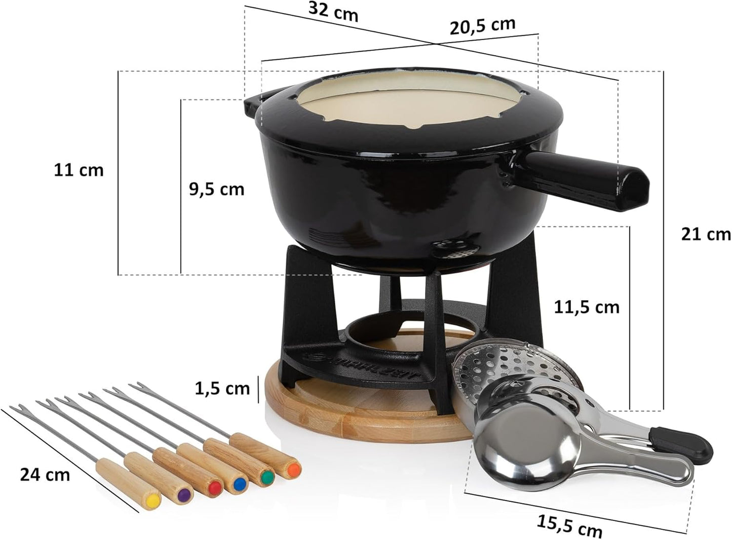 Fondue Set für 6 Personen, Schwarz / Creme Emailliert