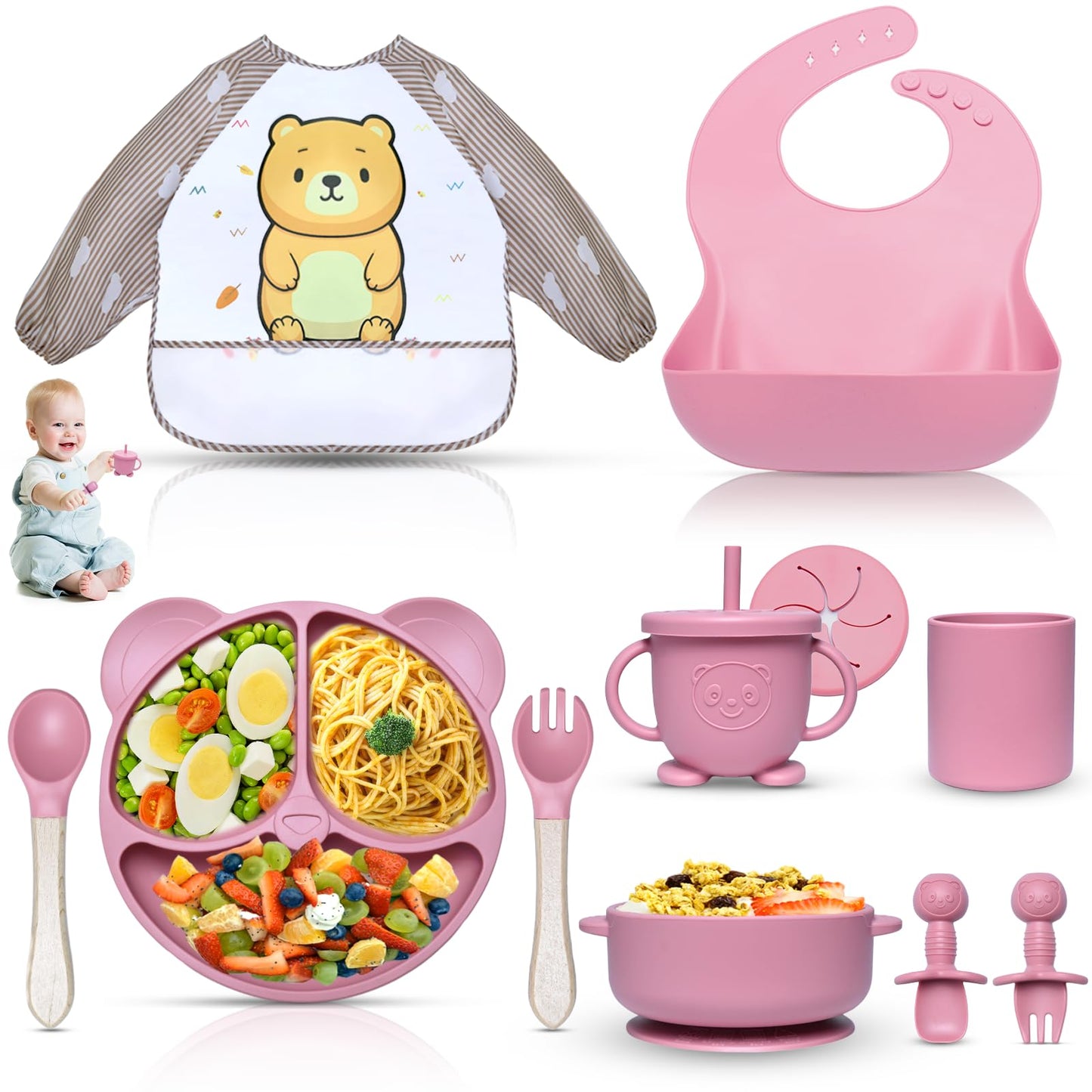 11-teiliges Kindergeschirrset mit Saugnapf, Rosa