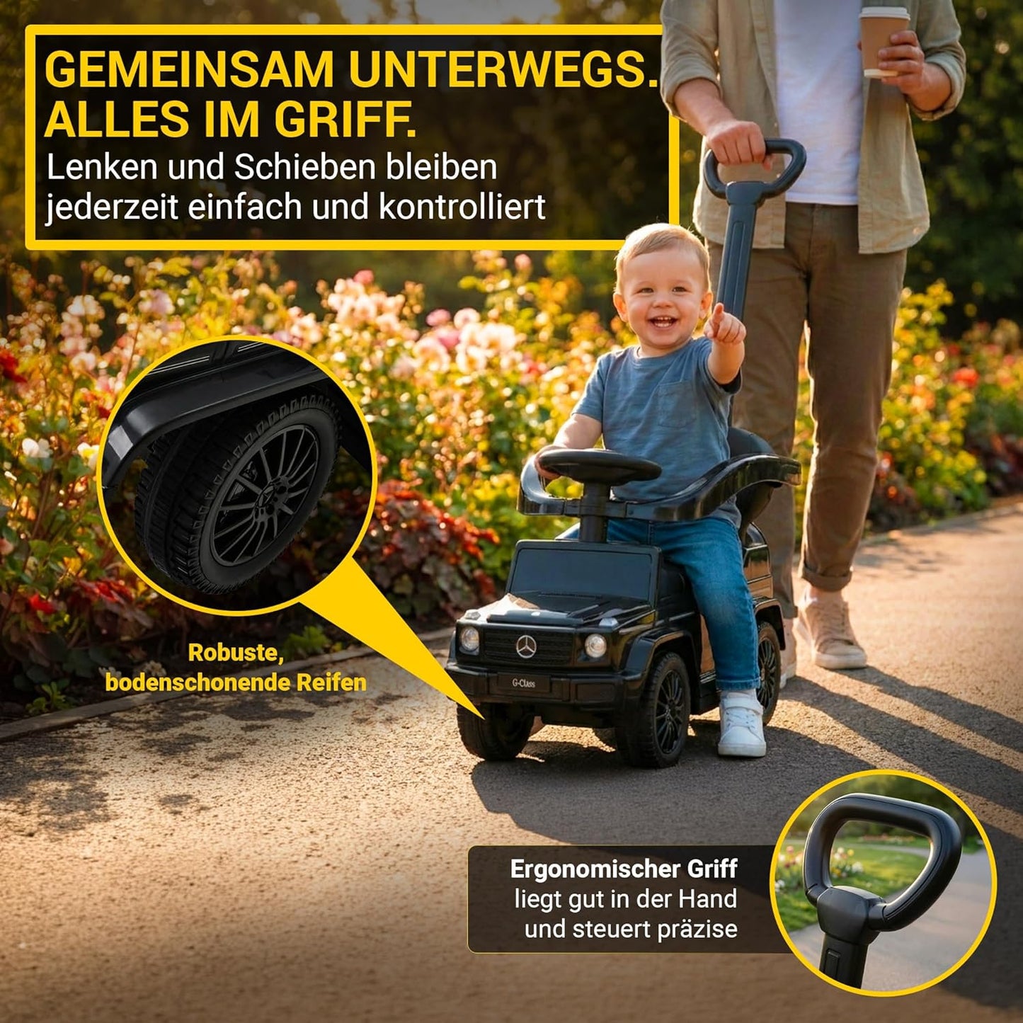 3in1 Rutschauto Mercedes G350d mit Schiebestange, Schutzbügel & Sonnendach, Schwarz 3in1