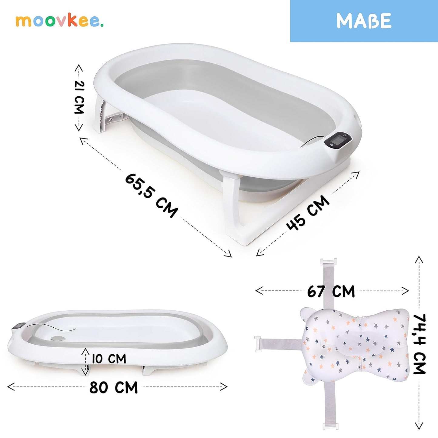 Faltbare Babybadewanne mit Thermometer und Kissen, Grau 21cm Höhe - Faltbare