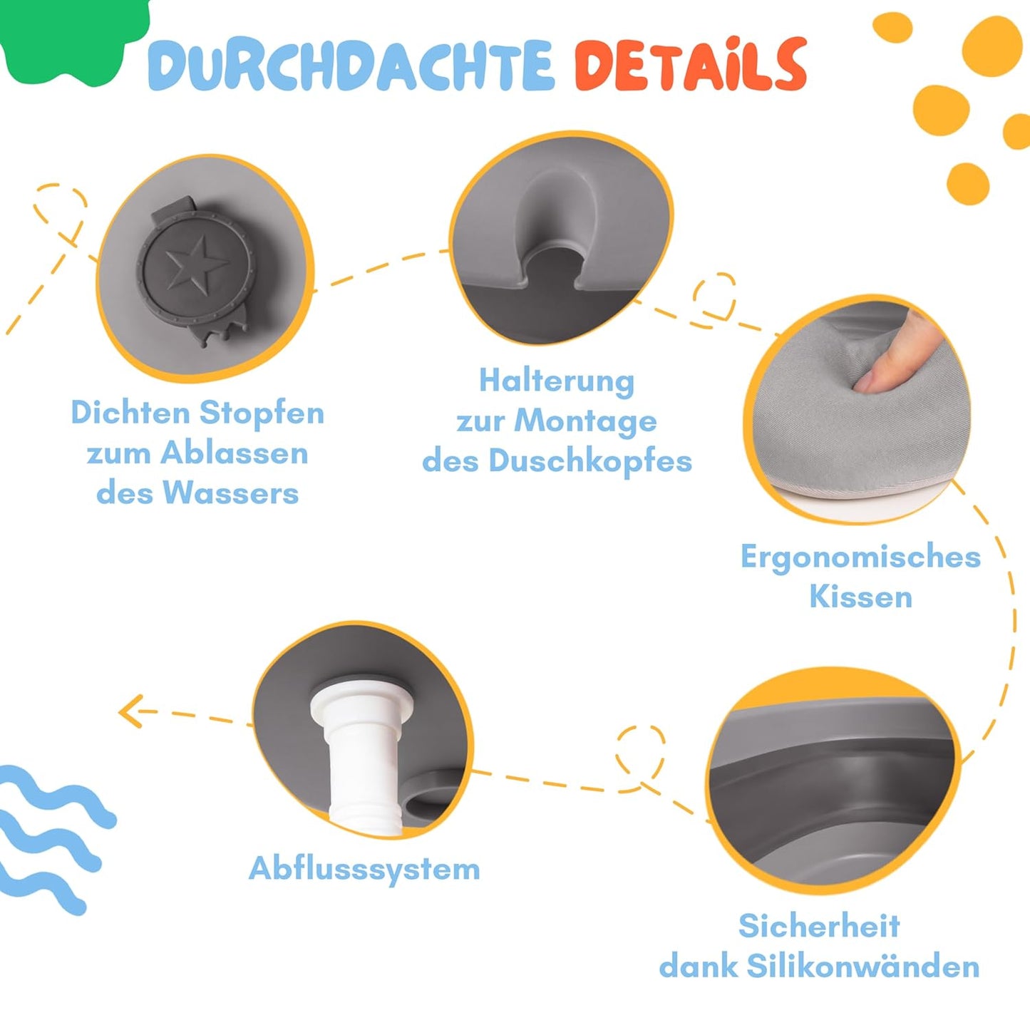 Babybadewanne mit Faltgestell und Badekissen, Dunkel Grau mit Ständer und Badekissen