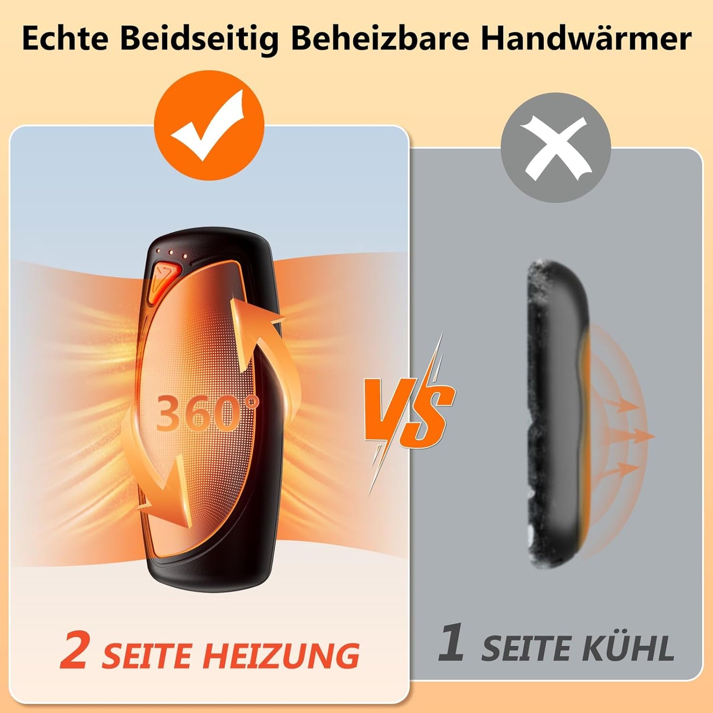 Elektrischer Handwärmer, beidseitig, bis zu 55°C, Schwarz