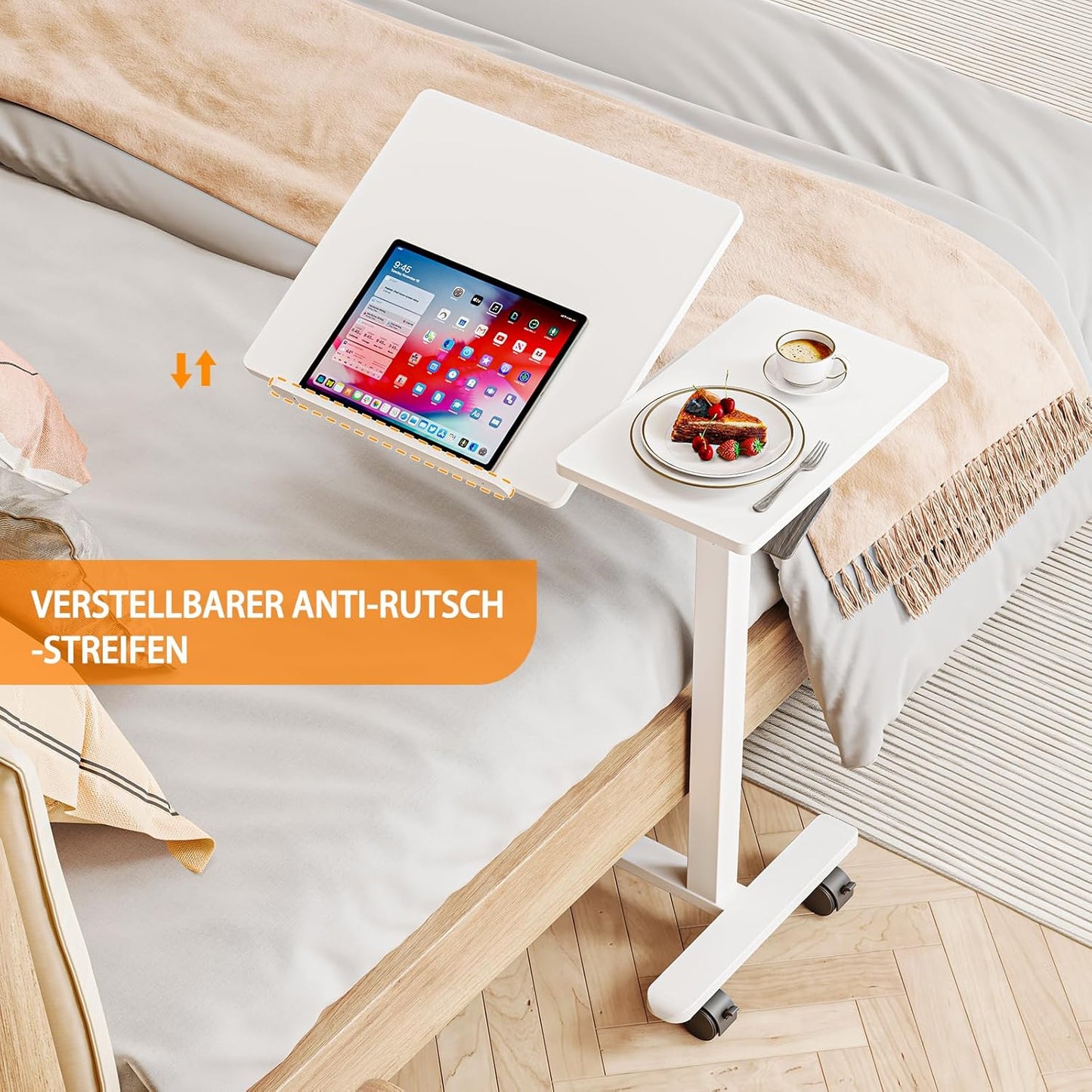 Höhenverstellbarer Beistelltisch mit Rollen, Weiß Neigung verstellbar