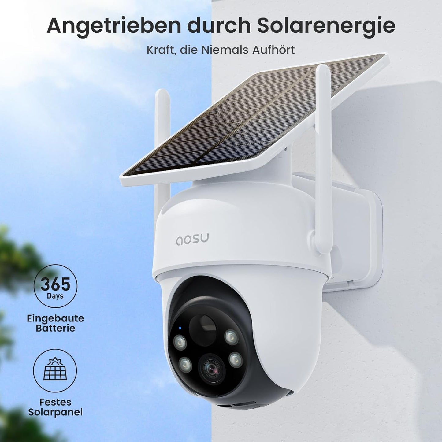 2K Überwachungskamera für Homebase, AOSU Sicherheitskameras, Solar, Kuppelkameras, 2 K