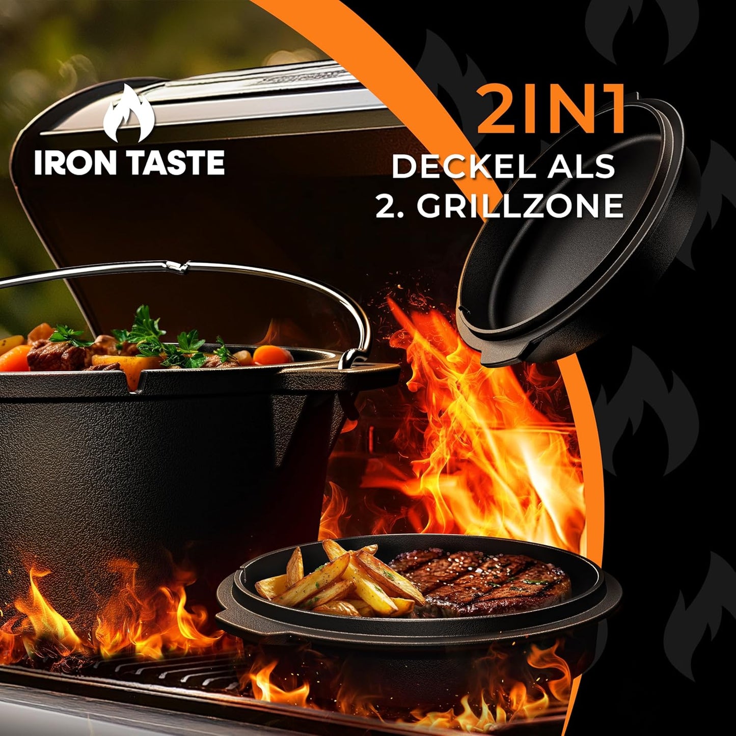 Dutch Oven Set (12L) mit Deckelheber & Untersetzer, ohne Füssen 12 Liter