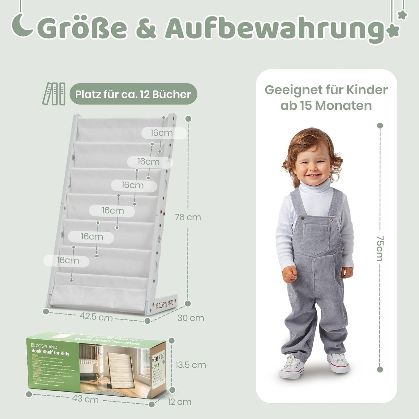Kinder-Bücherregal aus Holz mit 6 Stofffächern, Weiss Medium