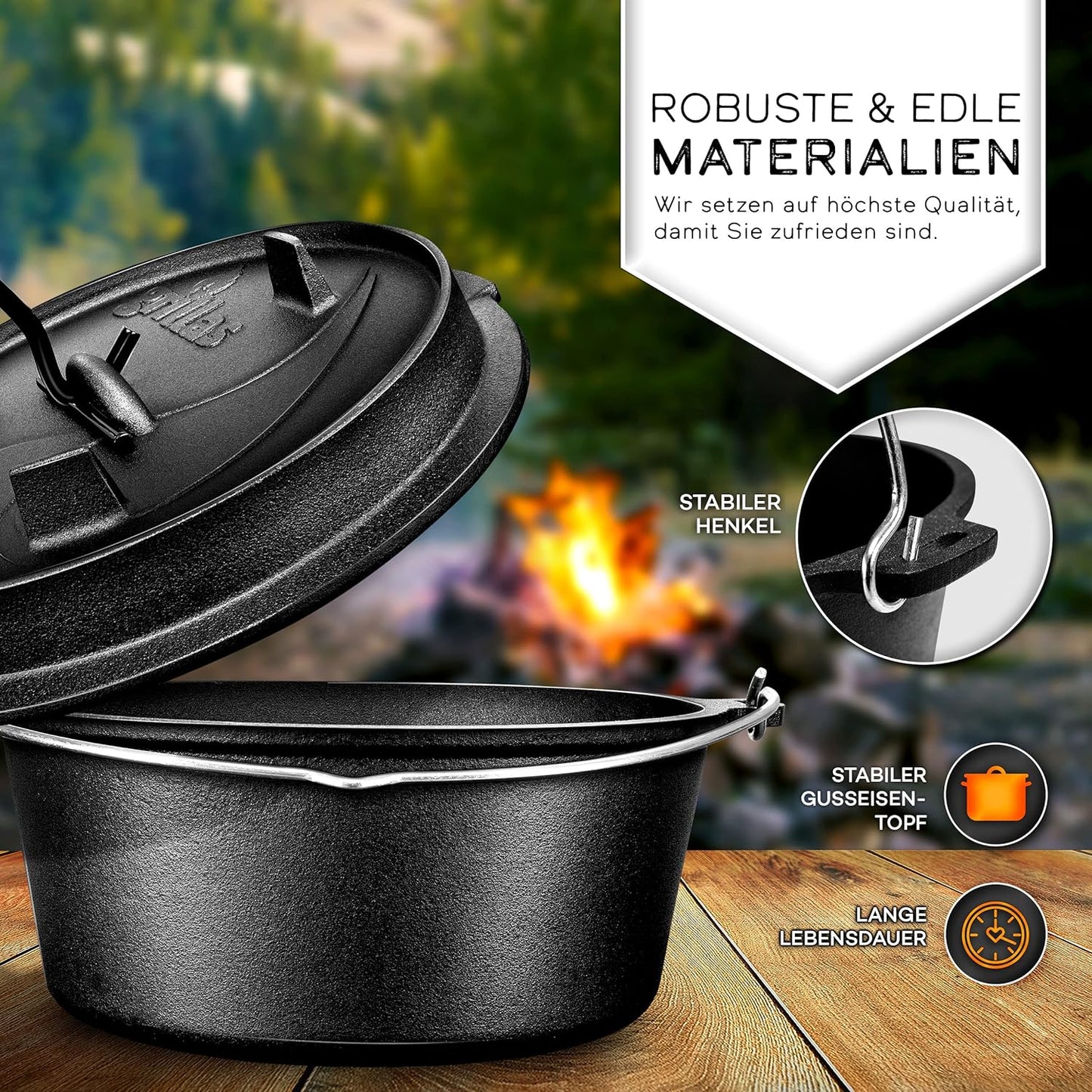 Dutch Oven Set, Topf ohne Füsse, 4,2 Liter / 4,5 QT