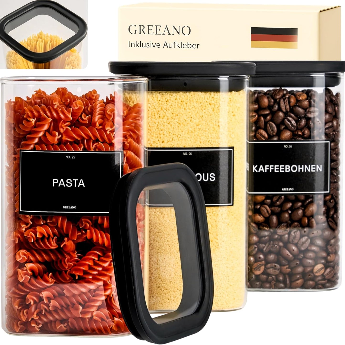 Vorratsgläser eckig (3er Set, 1200ml) luftdicht, 3x 1200ml