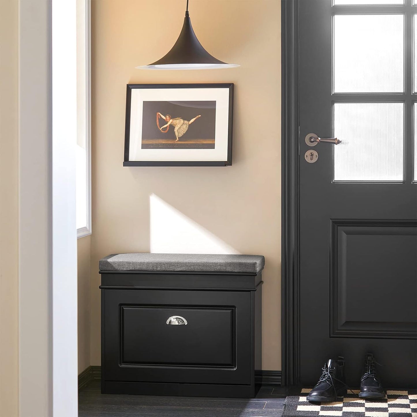 Schuhbank mit Sitzkissen und Stauraum, 61 x 51 x 24 cm Schwarz
