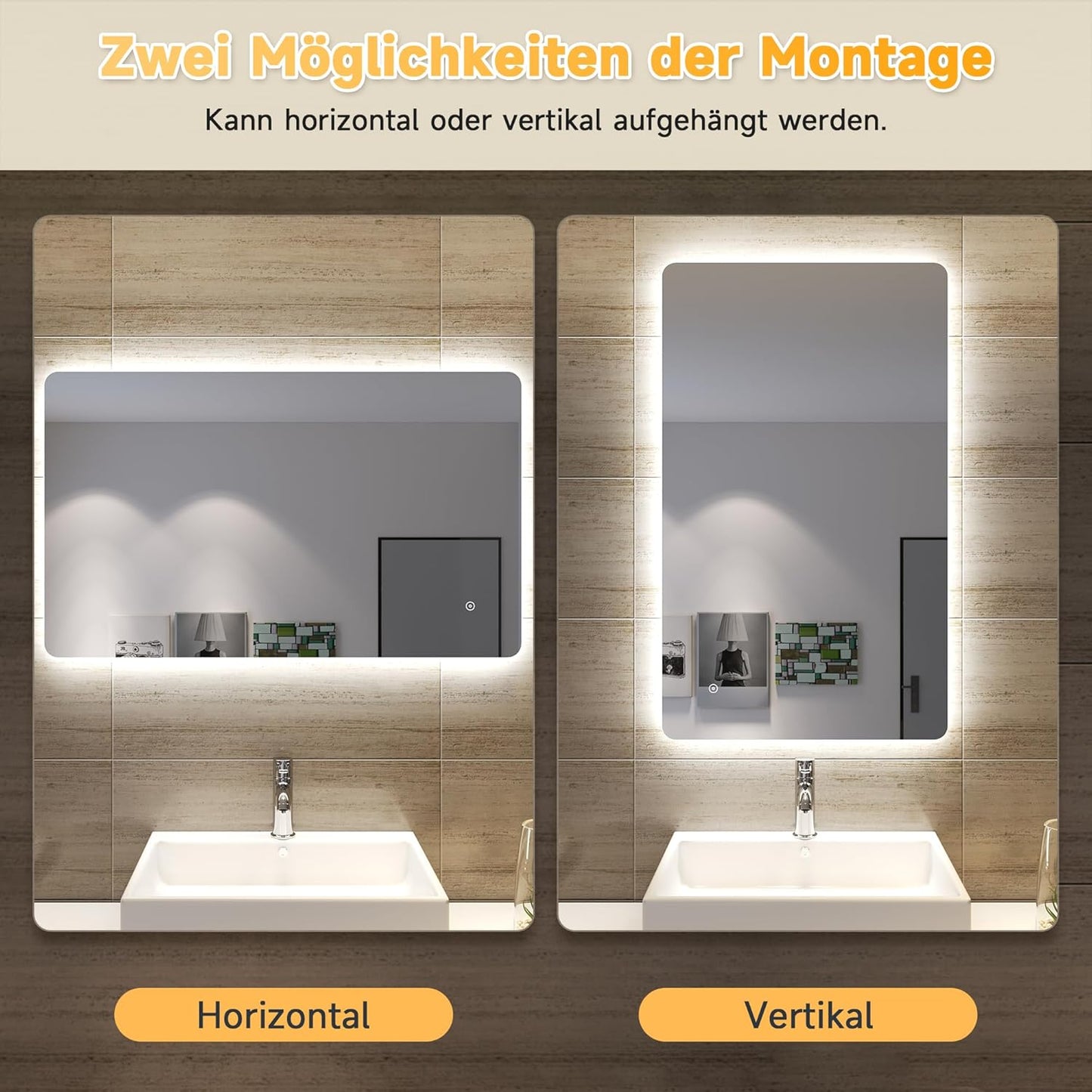 LED-Badspiegel beschlagfrei mit Touch-Schalter 100x60cm, 100L x 60B cm, Weiss