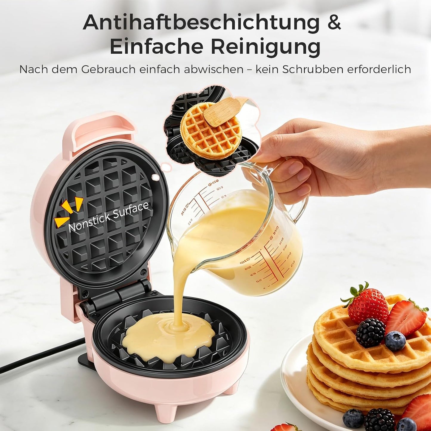 Mini-Waffeleisen mit Antihaftbeschichtung, Rosa