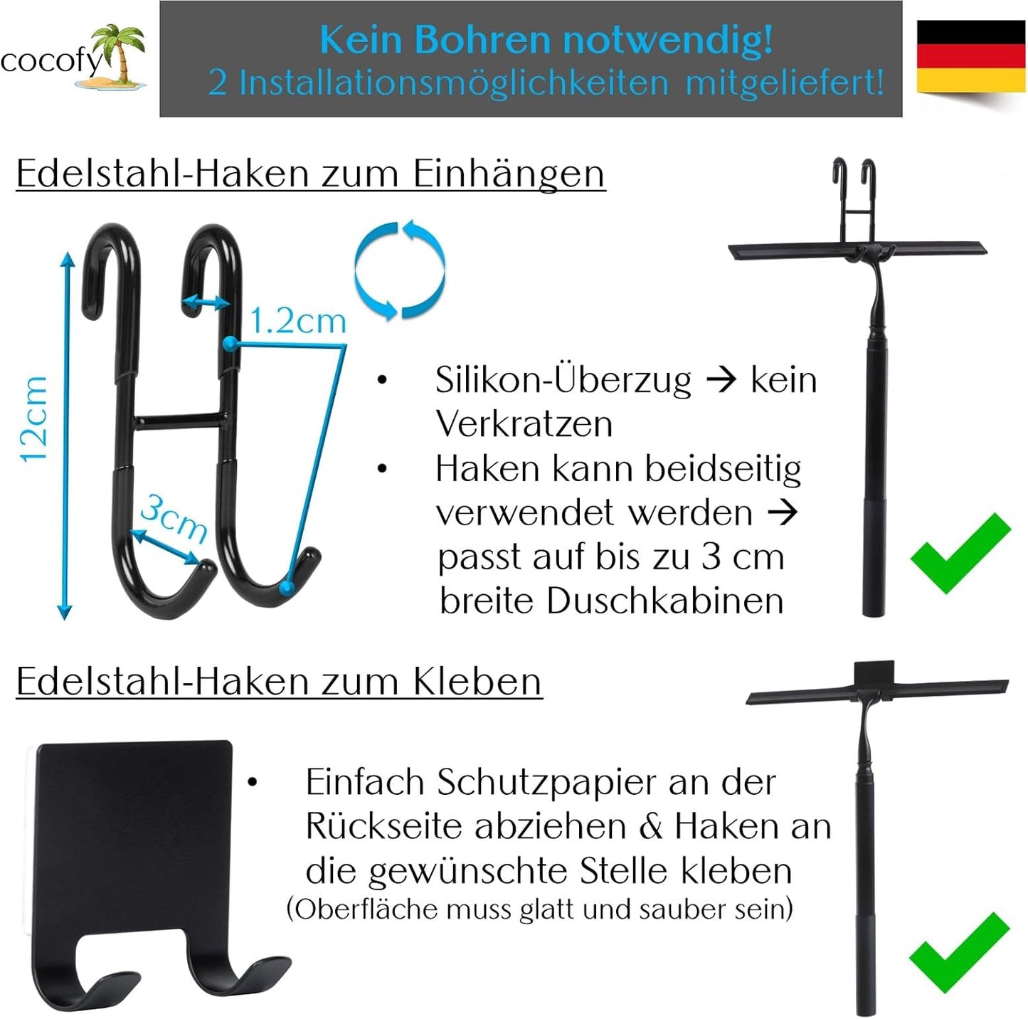 Duschabzieher mit Teleskopstiel, 35 cm breit - ohne Mikrofaserüberzieher Schwarz