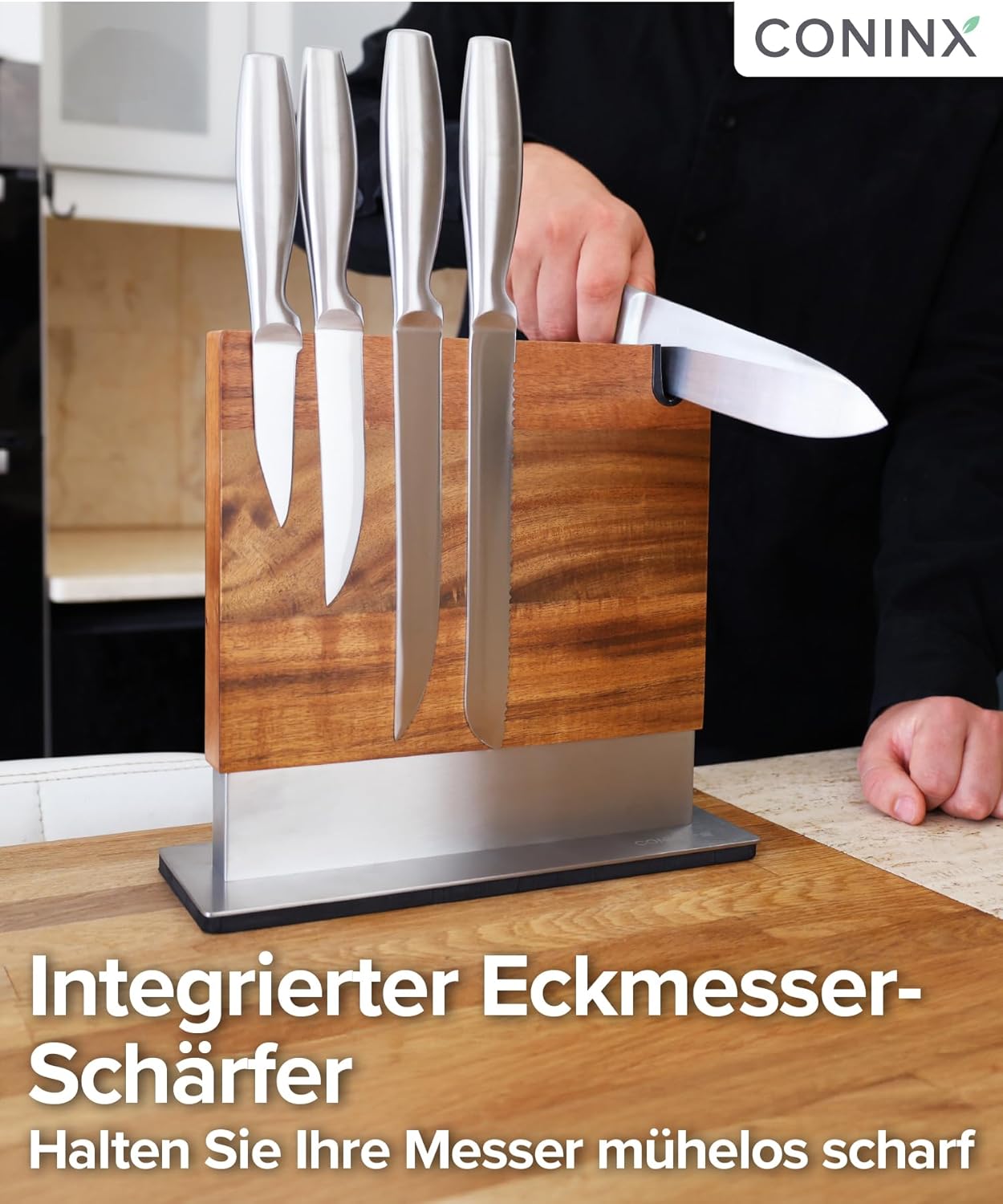 Magnetischer Messerblock mit integriertem Schärfer, Acacia Double-Sided
