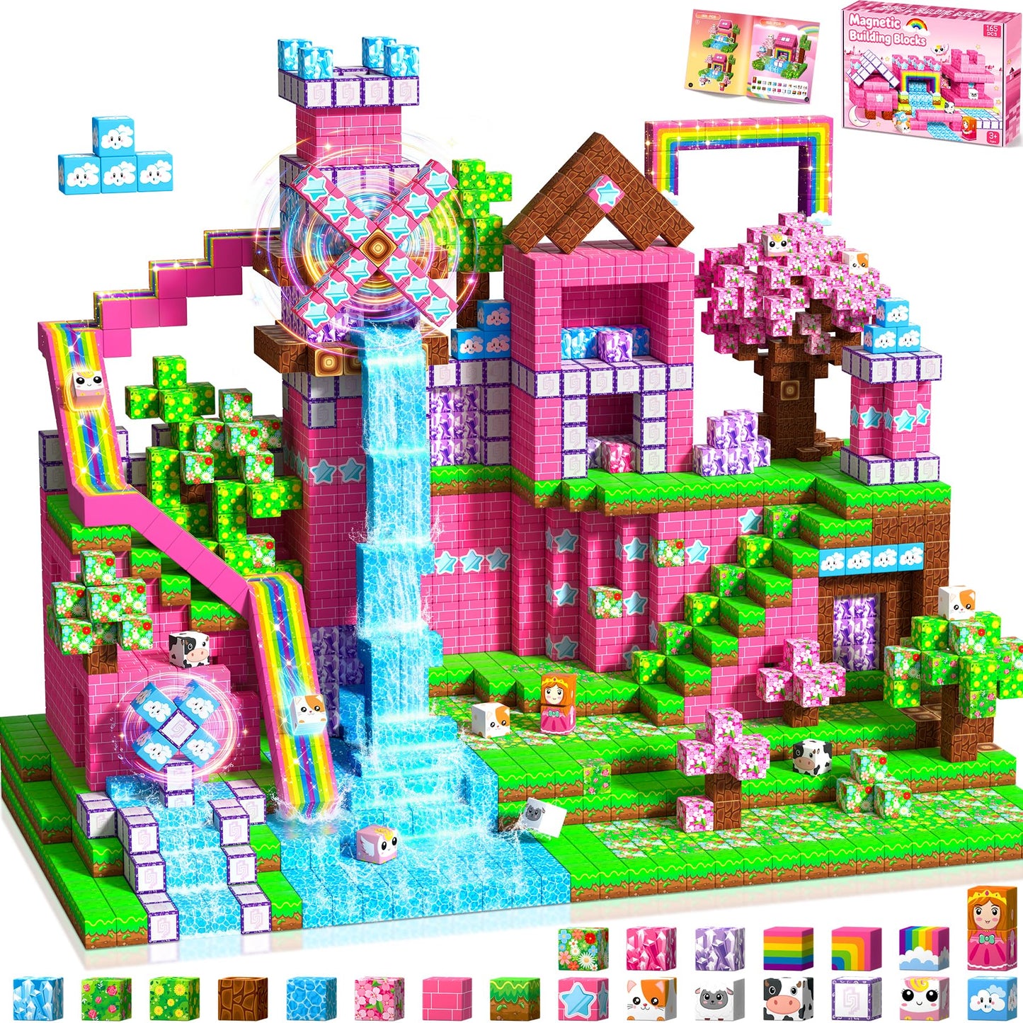 Magnetische Bausteine-Set (165 Teile, ab 4 Jahre), Regenbogen (Inkl. Rosa)