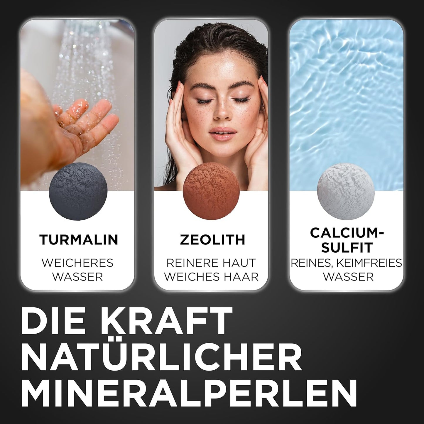 Duschkopf mit Mineralperlen & Druckerhöhung, Schwarz Matt