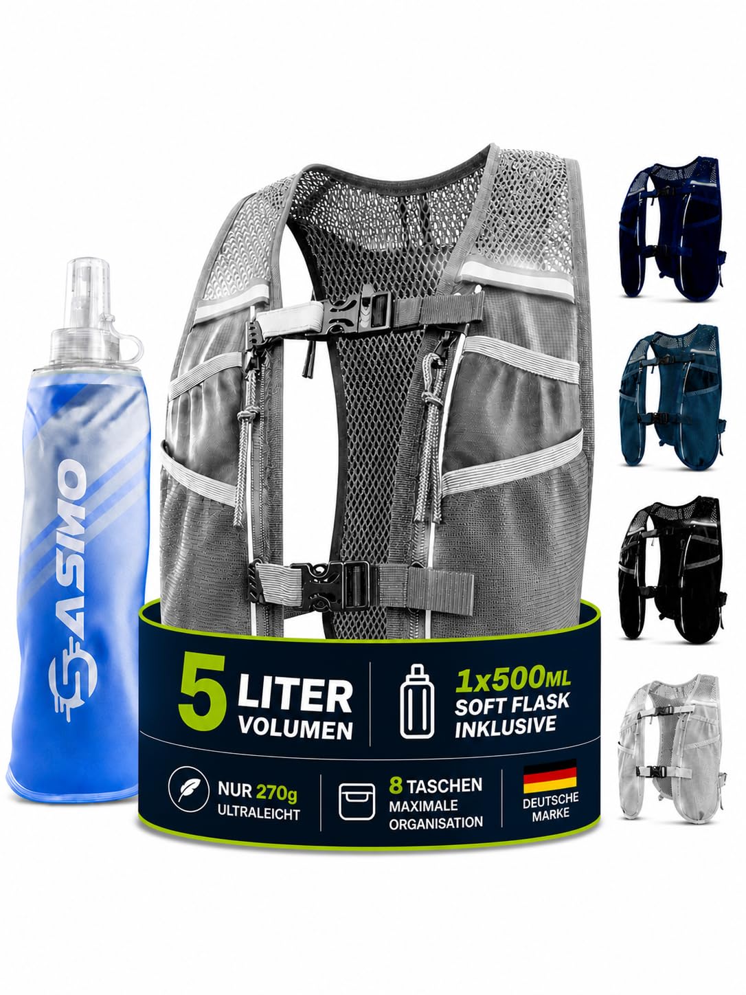 Ultraleichte Laufweste mit Trinksystem, 5L - grau - mit 1x500ml 5L
