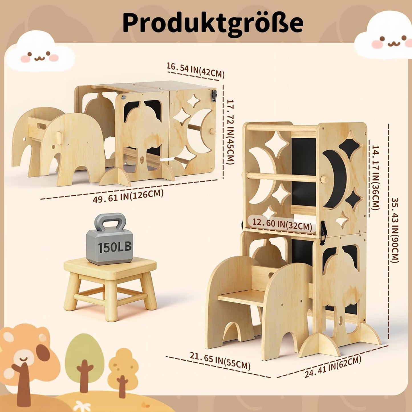 Klappbarer Lernturm mit Doppeltafel & Schreibtisch, Natur