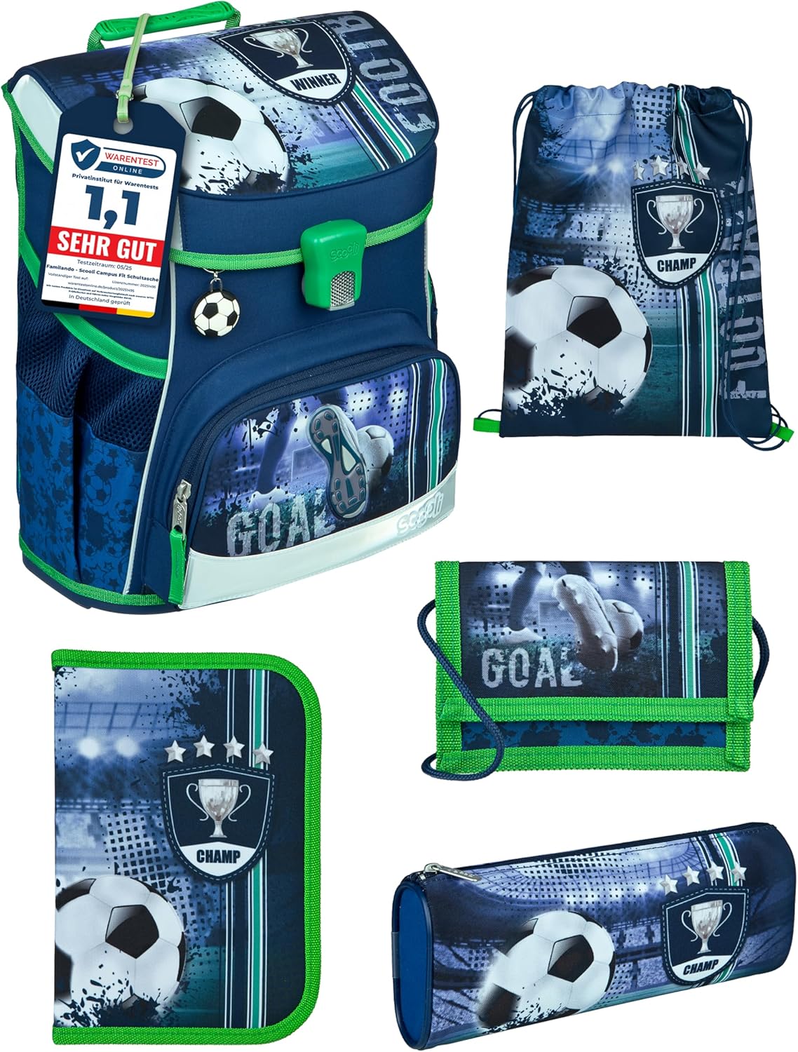 Schulranzen mit Fussballmotiv, Fussball Blau 5-teiliges Set mit Federmappe