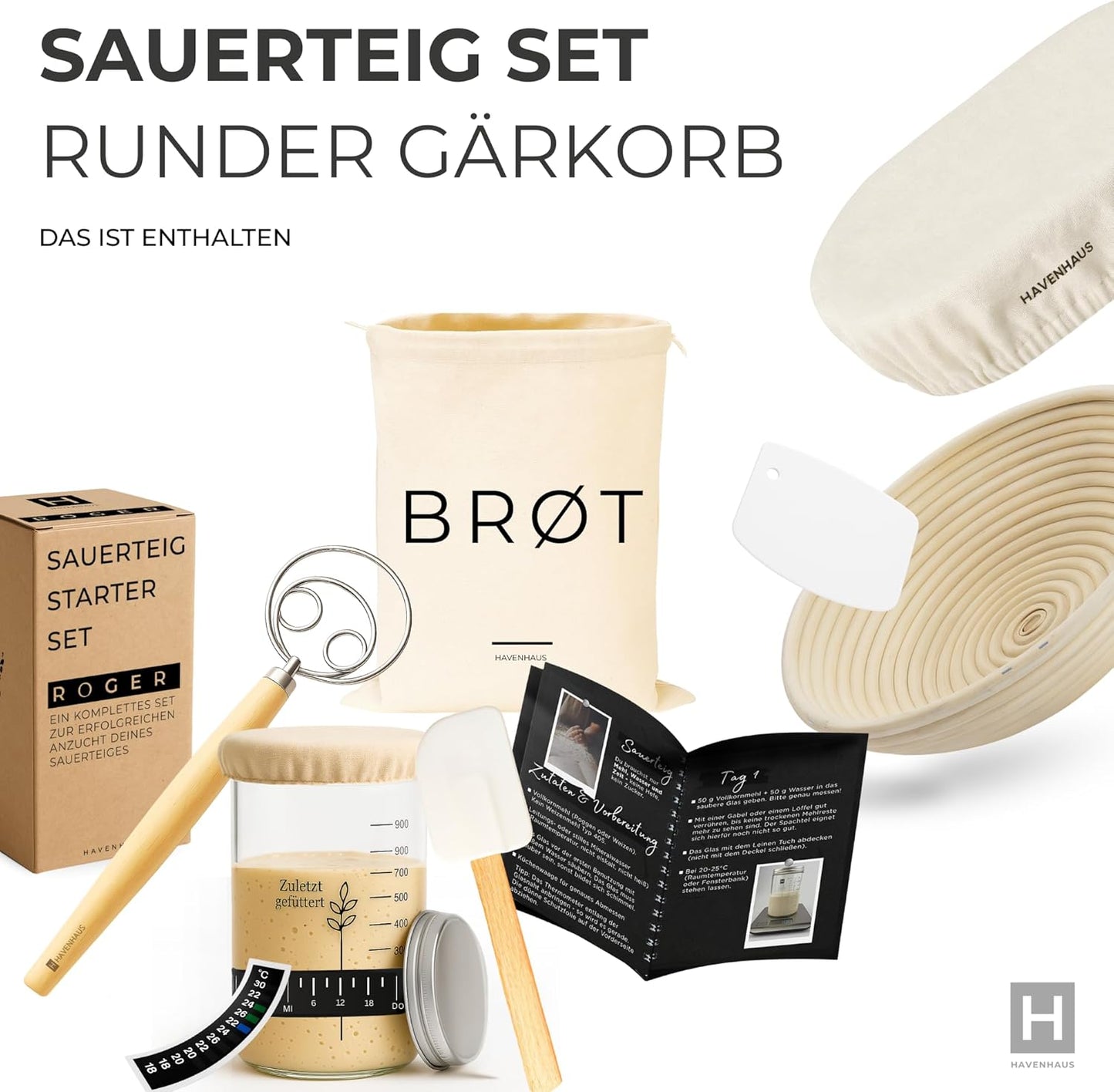 Sauerteig Starter Set mit Gärkörbchen, Brotbackset Rund