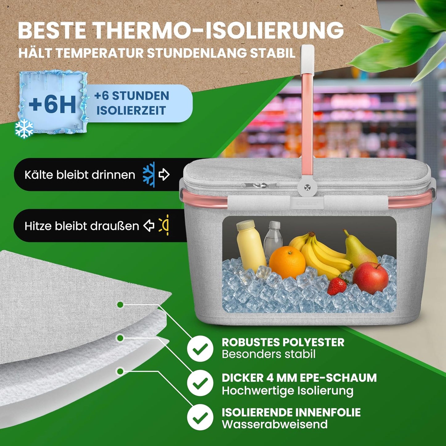Thermo Einkaufskorb Kühltasche mit Reissverschlussfach, Hellgrau Rose