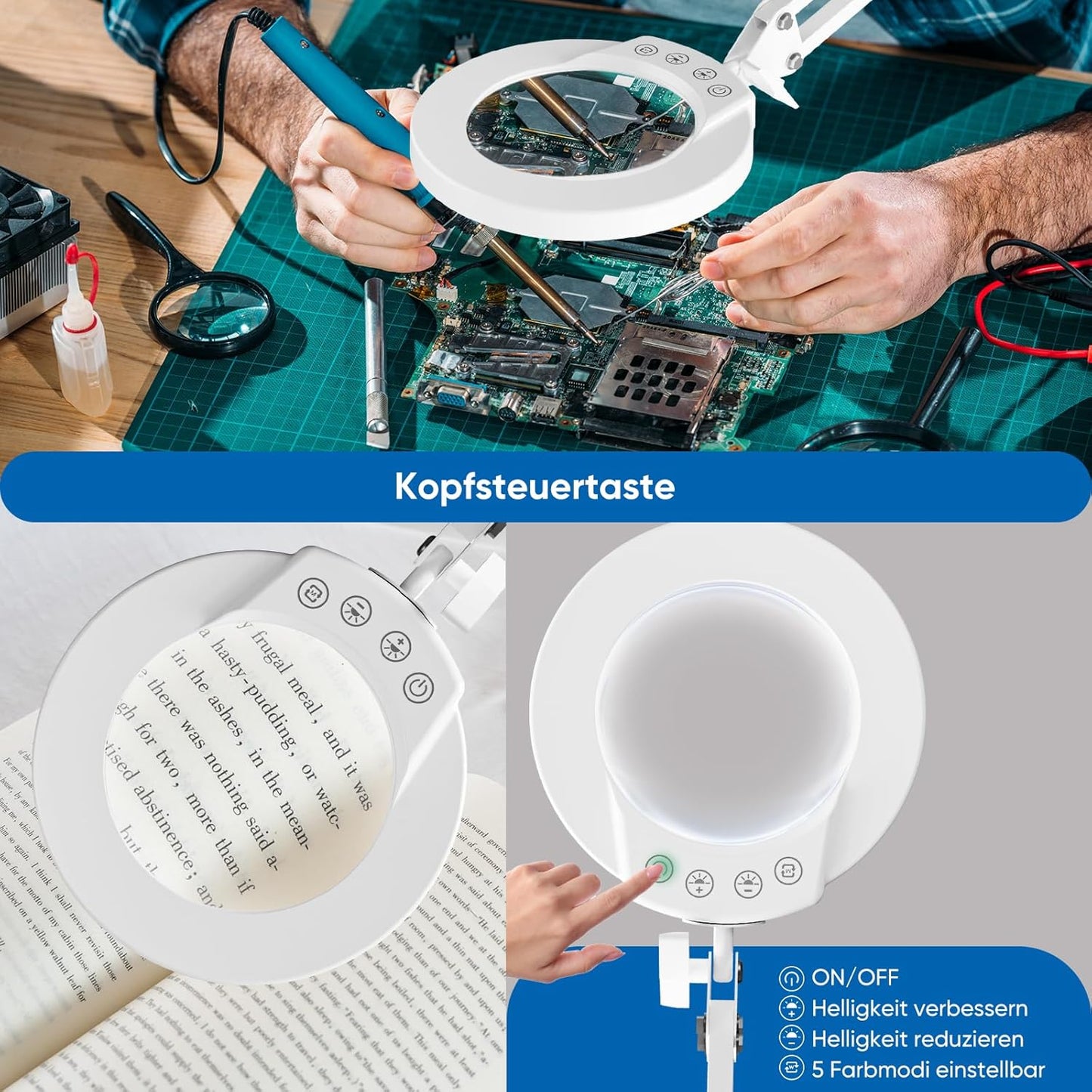 2er-Set Beleuchtete Lupe mit Klemme, Weiss 2 Stück