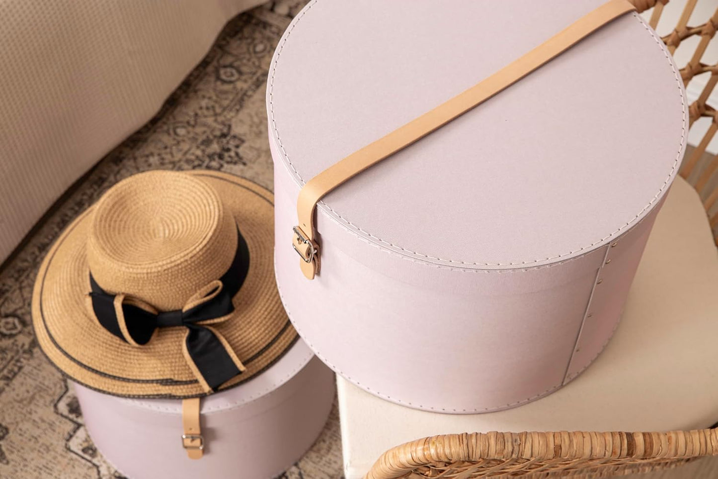 2-teiliges Aufbewahrungsboxen-Set mit Lederriemen, Rosa