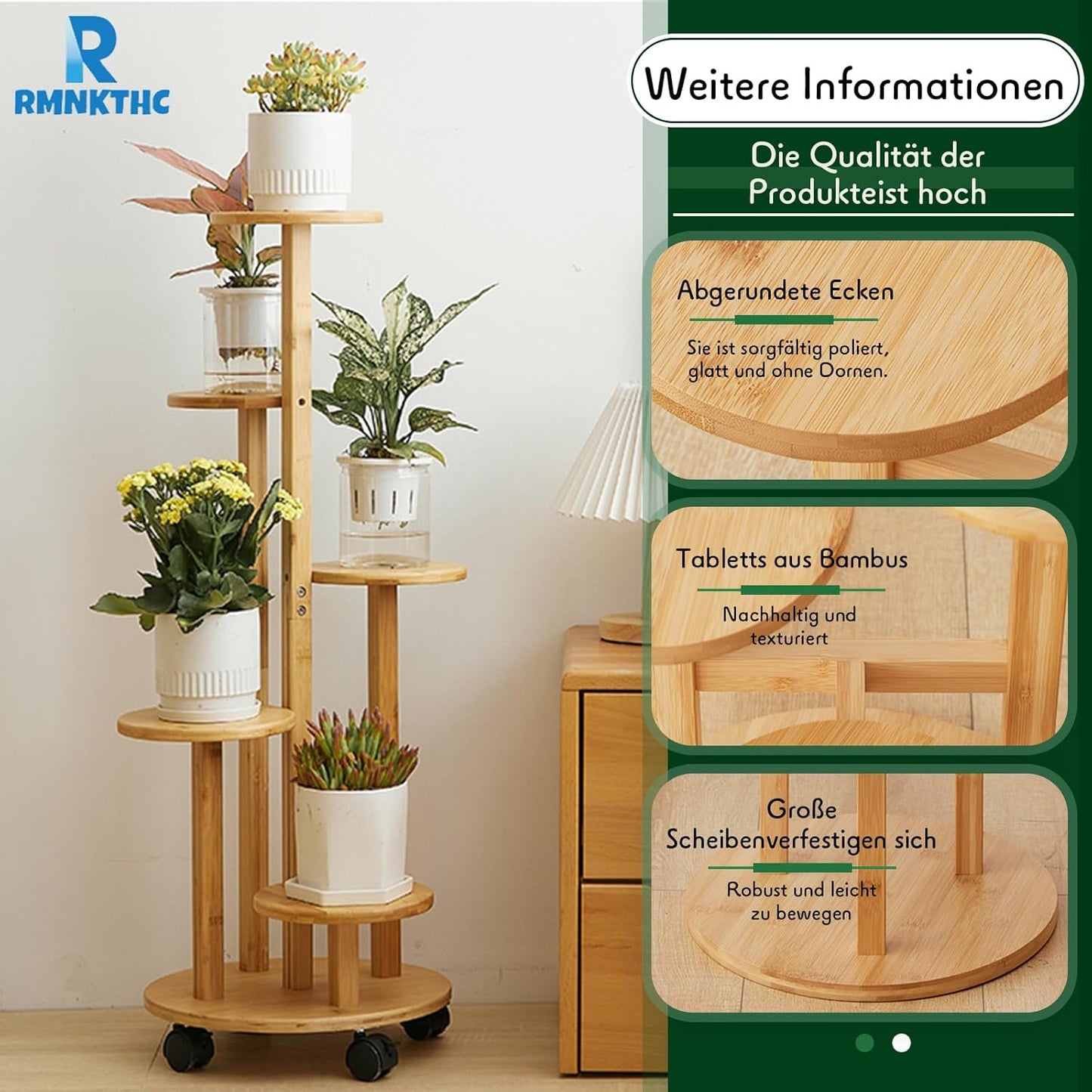 Bambus Blumenregal auf Rollen, 5-stufig, Holzfarbe 5-stufig