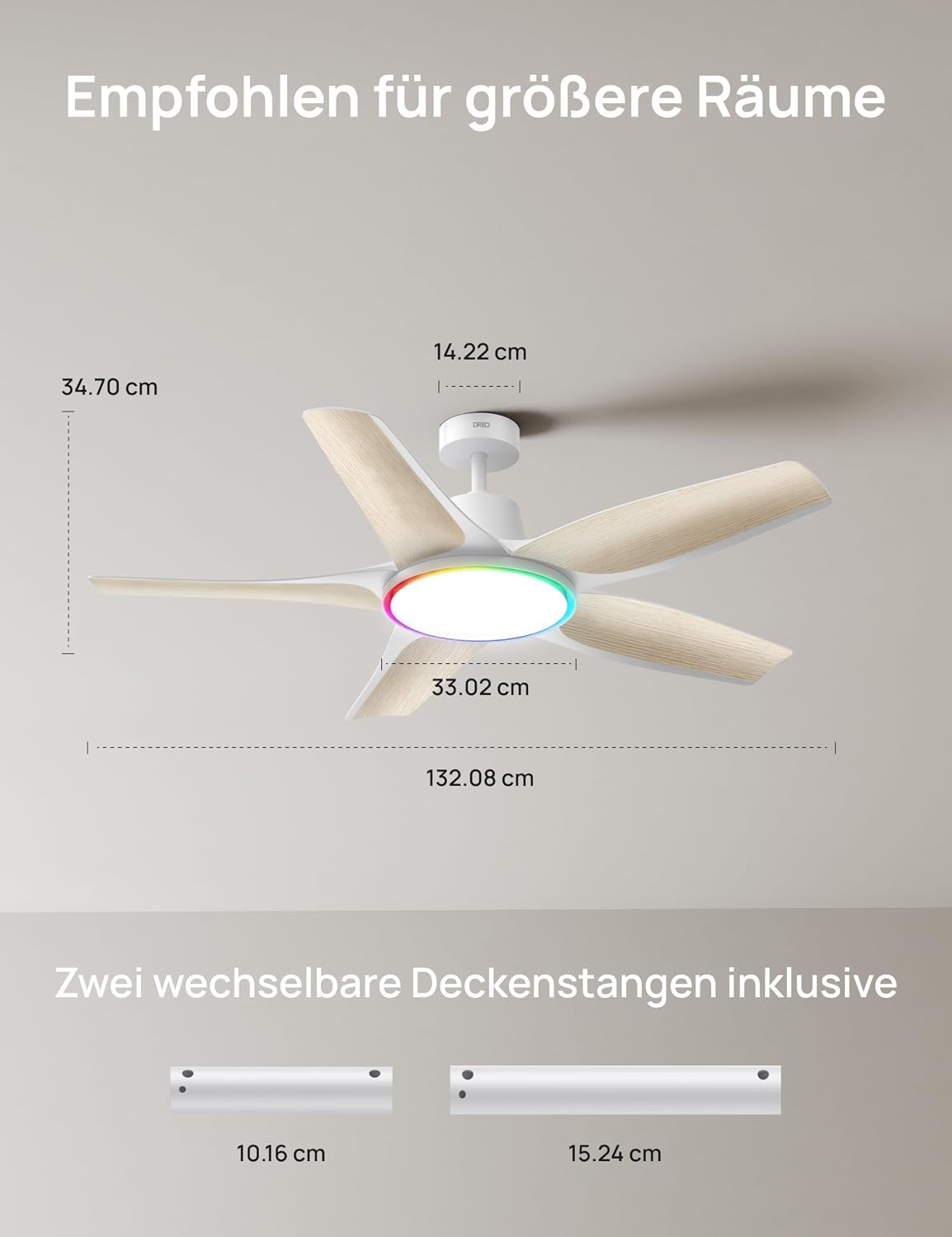 Smarter Deckenventilator mit Licht und App-Steuerung, Weiss