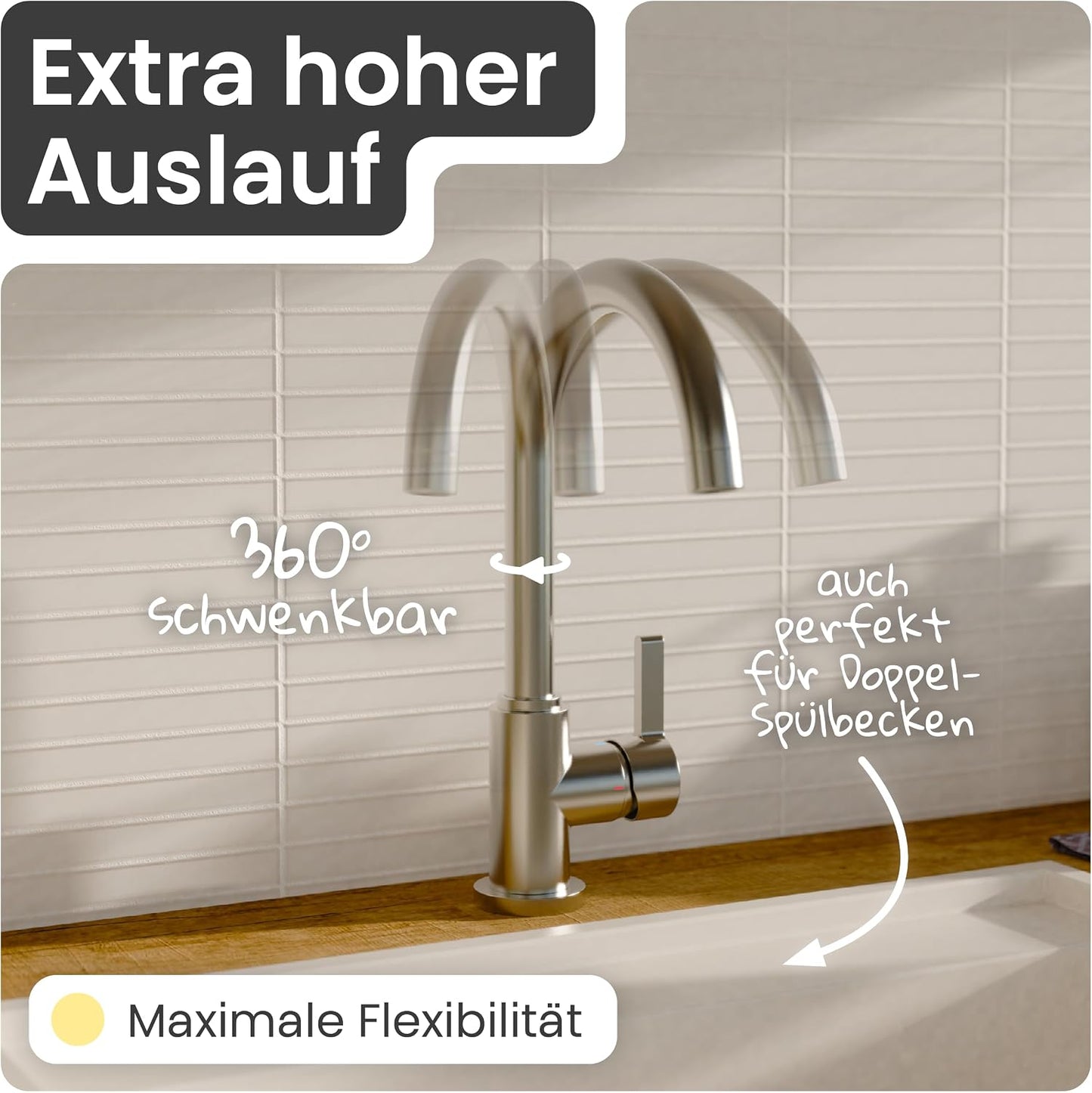 Leona Küchenarmatur 360° schwenkbar Edelstahl, Edelstahl-optik