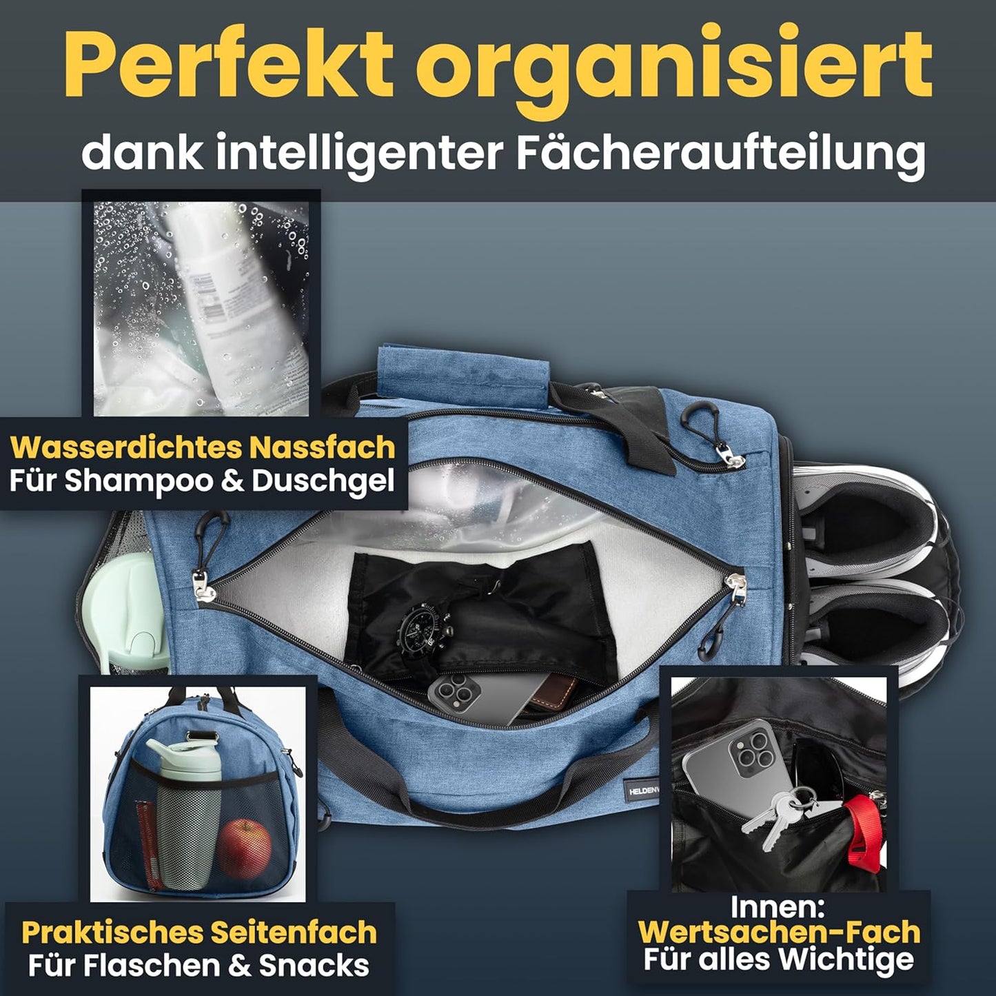 Sport- und Reisetasche mit Schuh- und Nassfach, Navy Blau 48 x 26 x 25 cm (Small 30L)