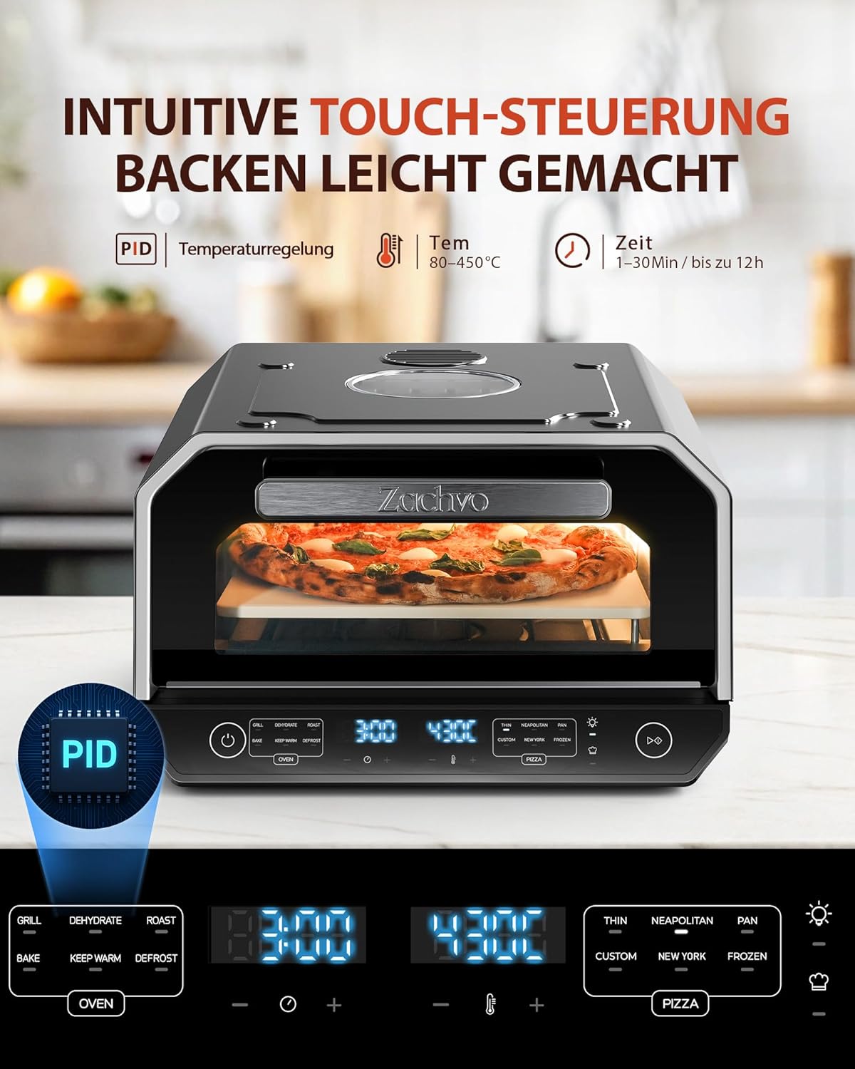 Elektrischer Pizzaofen mit Pizzaschaufel, Pizzastein & Pizzaschaufel & Backblech Schwarz