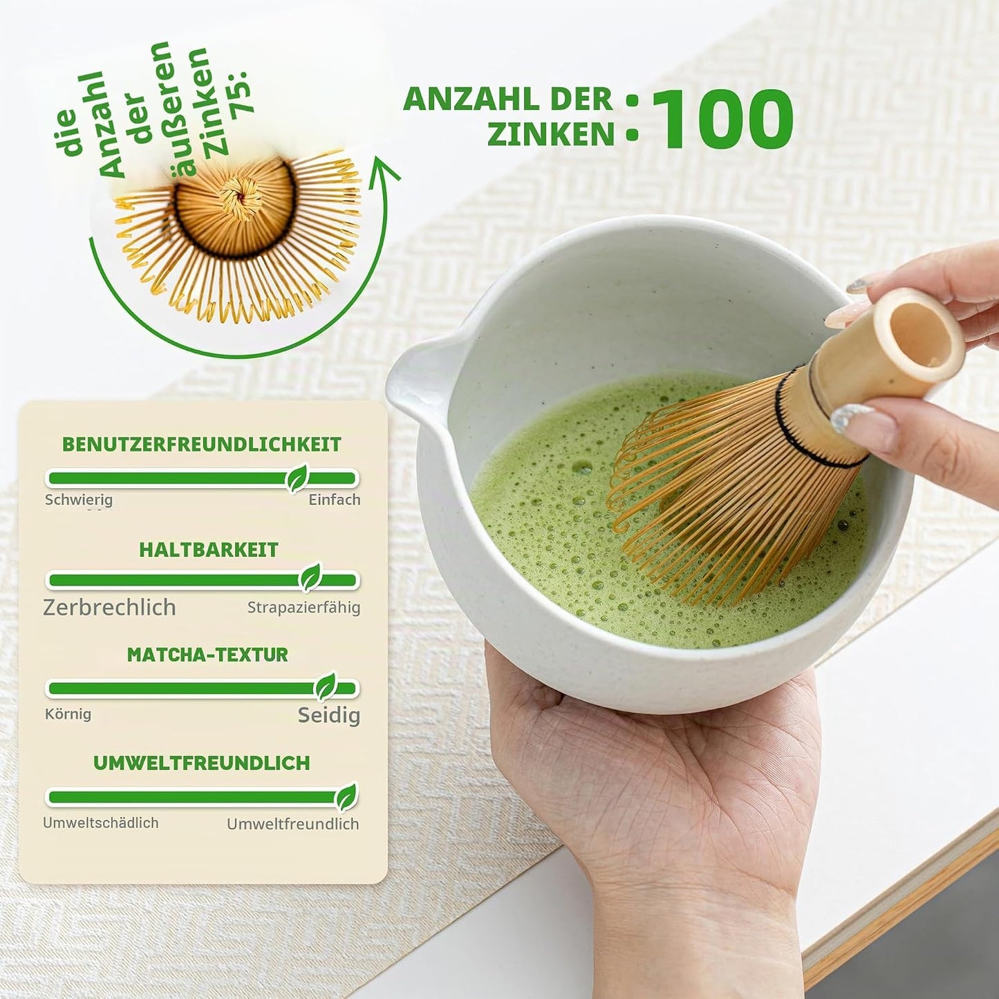 Matcha-Set mit Schneebesen und Tablett, Schüssel mit Ausgiesser Hellgrau