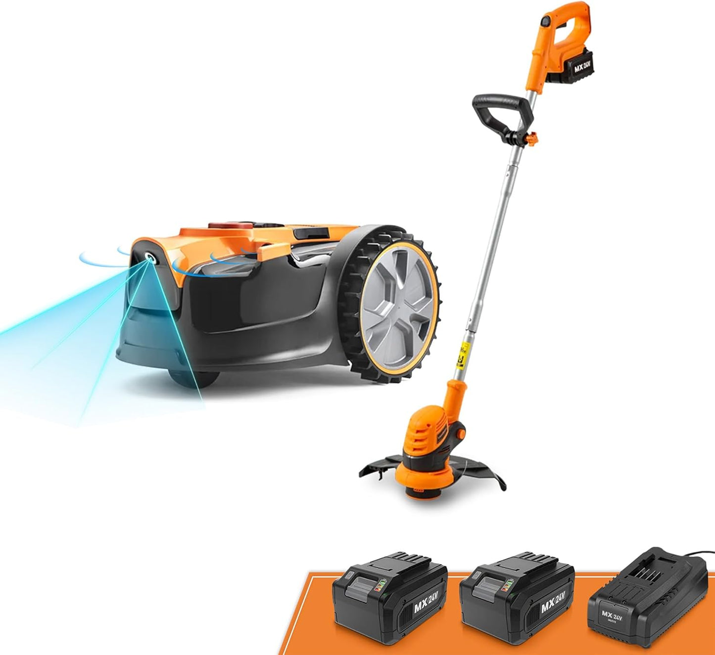 Roboter-Rasenmäher mit Trimmer-Kombi-Set, Roboter und Trimmer
