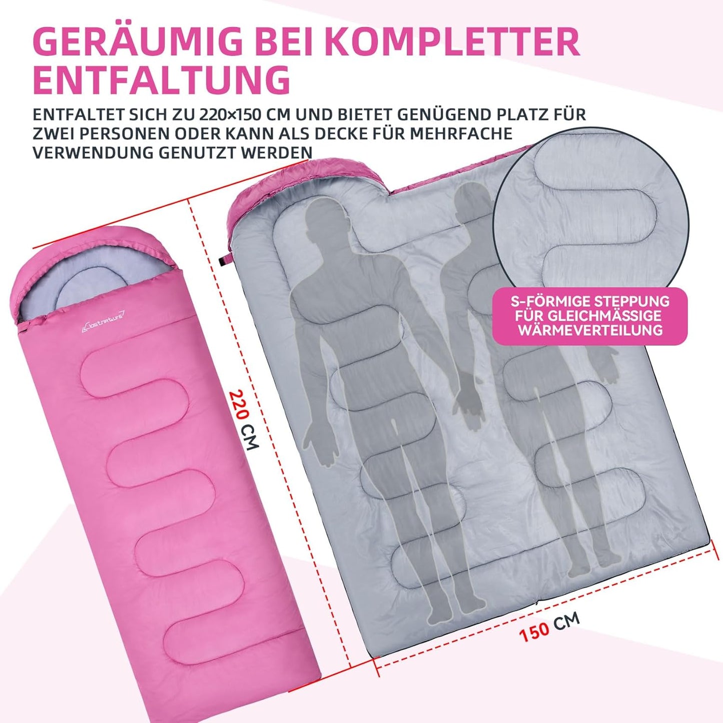Leichter Camping-Schlafsack mit Kapuze, Rosa 0.9 KG