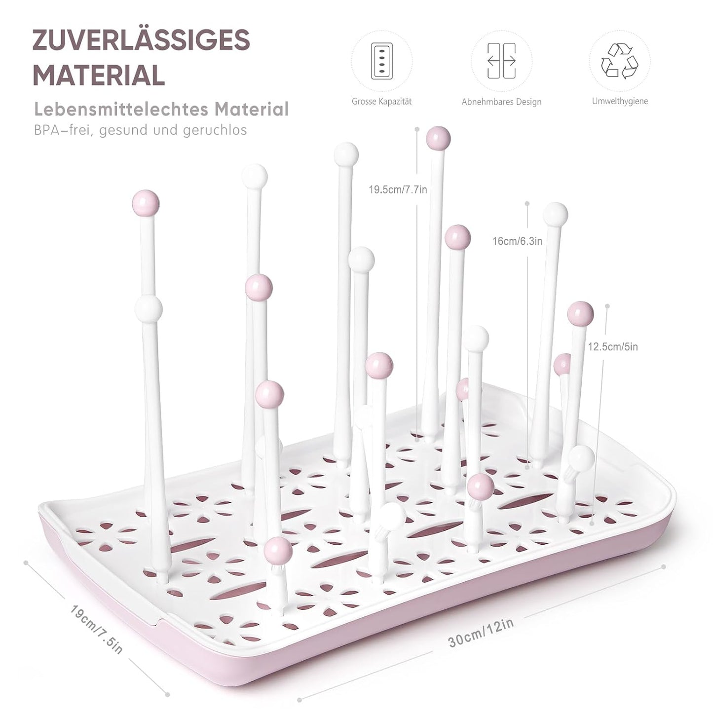 Trockenständer für Babyflaschen mit Abtropfschale, Rosa
