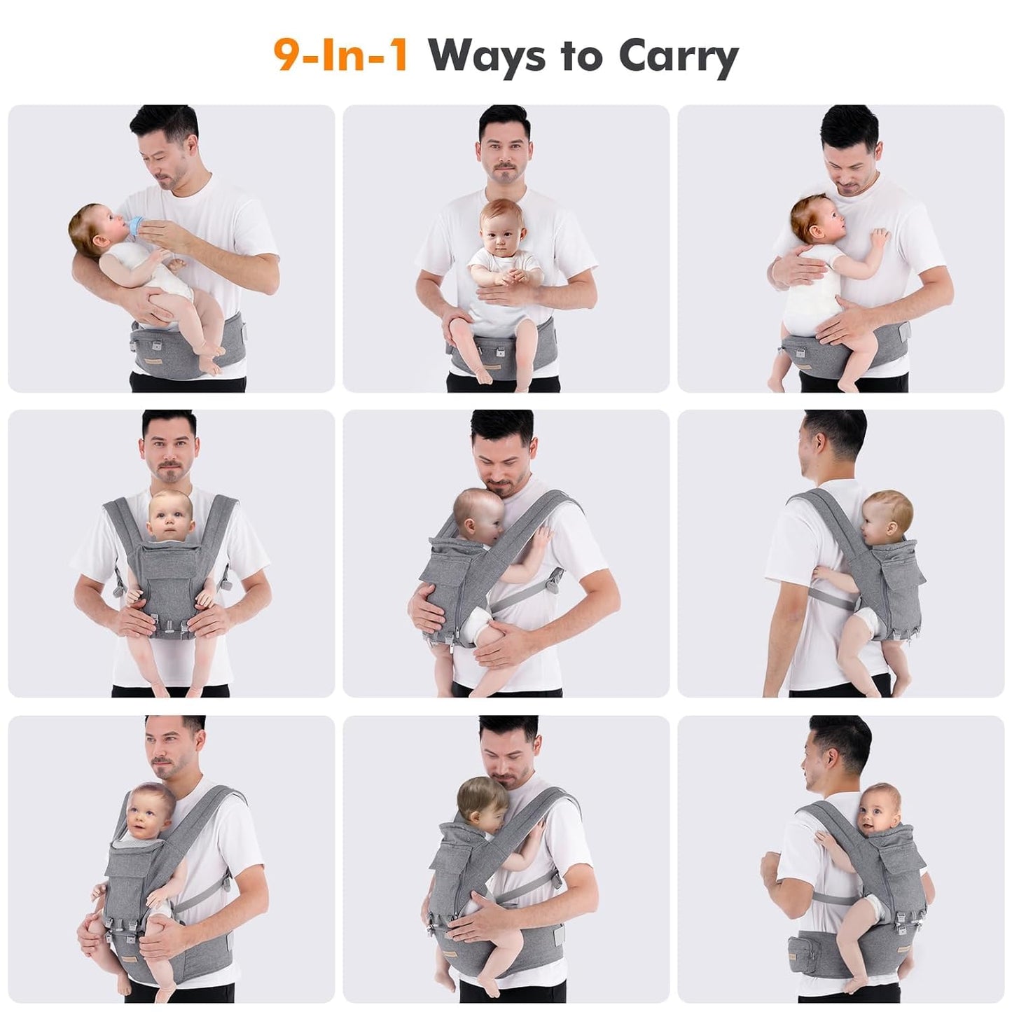 Ergonomische 9-in-1 Babytrage für Neugeborene, Grau