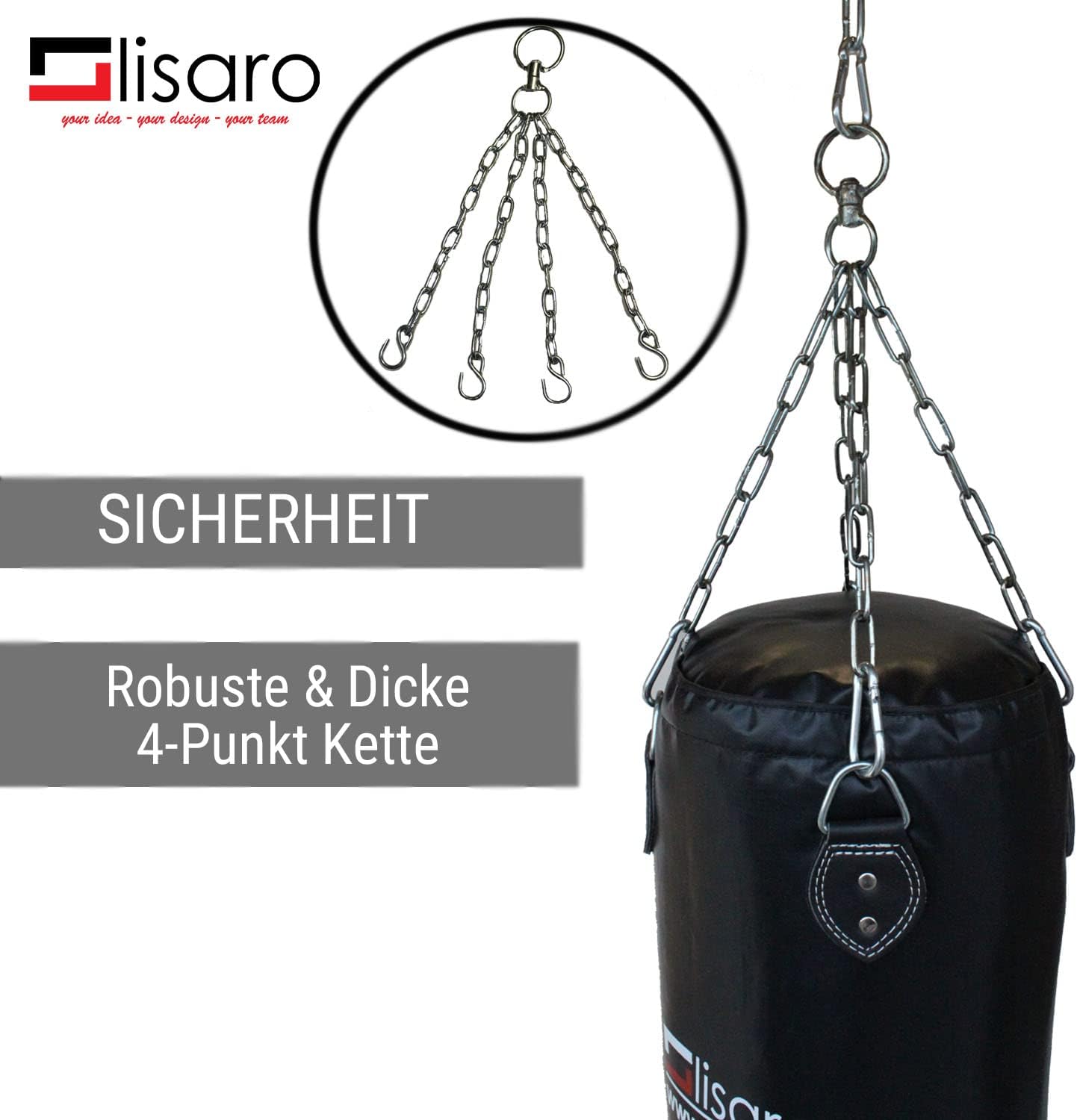 Ungefüllter Boxsack mit Vierpunkt-Kette, 120 x 35 cm